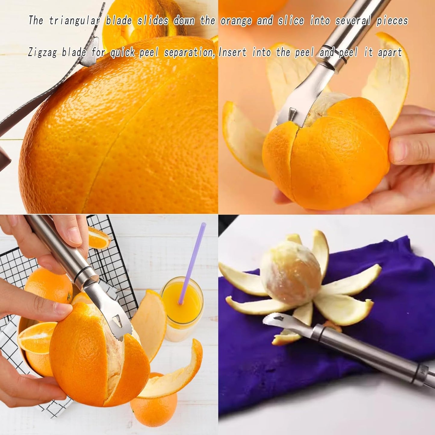 2PCS Stainless Steel Orange Peeler，Grapefruit Peeler，Easy to Peel, Long Handle Orange Citrus Peeler Tool, Triangular-Blade & Zigzag-Shovel Orange Peeler Gadget(2PCS)