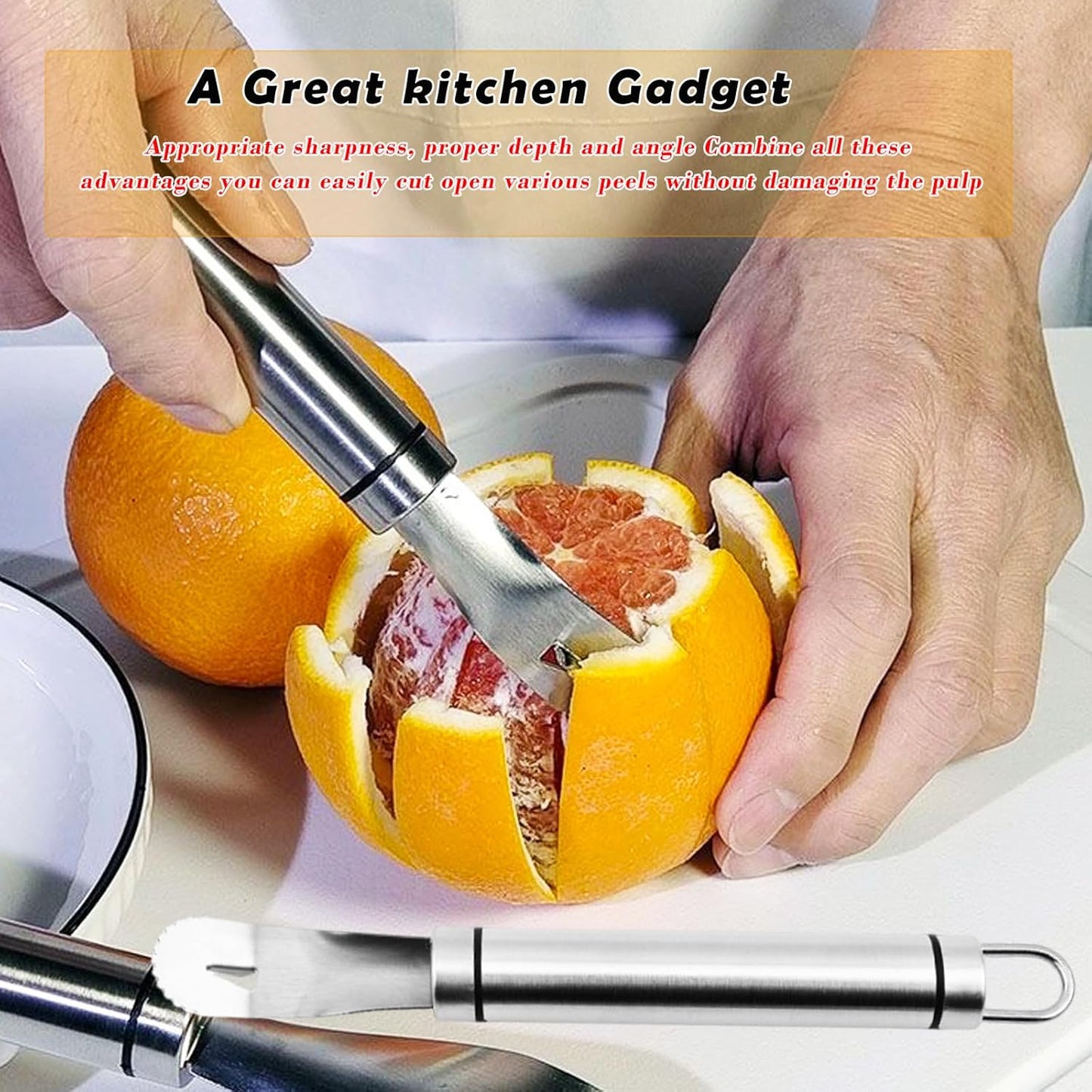 2PCS Stainless Steel Orange Peeler，Grapefruit Peeler，Easy to Peel, Long Handle Orange Citrus Peeler Tool, Triangular-Blade & Zigzag-Shovel Orange Peeler Gadget(2PCS)