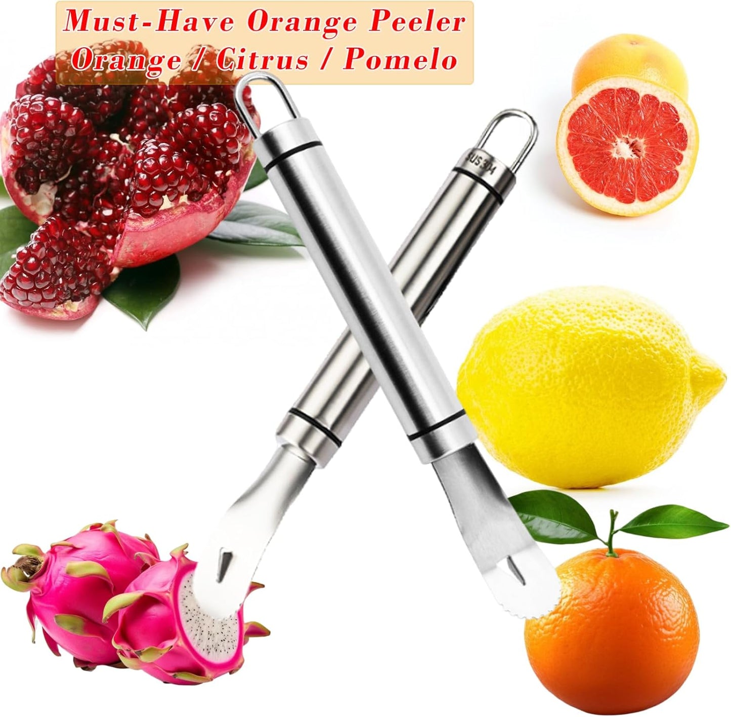 2PCS Stainless Steel Orange Peeler，Grapefruit Peeler，Easy to Peel, Long Handle Orange Citrus Peeler Tool, Triangular-Blade & Zigzag-Shovel Orange Peeler Gadget(2PCS)