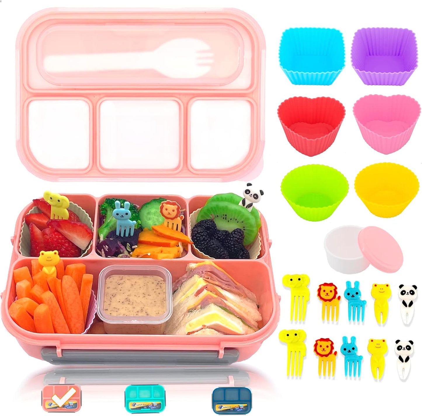 Bento Lunch Box for Kids Adult,4 Compartment Bento Box Adult Lunch Box Containers,Kids Lunch Box with Accessories Silicone Food Cake Cups, Cute Food Picks for Kids,Easy to Clean (PINK)