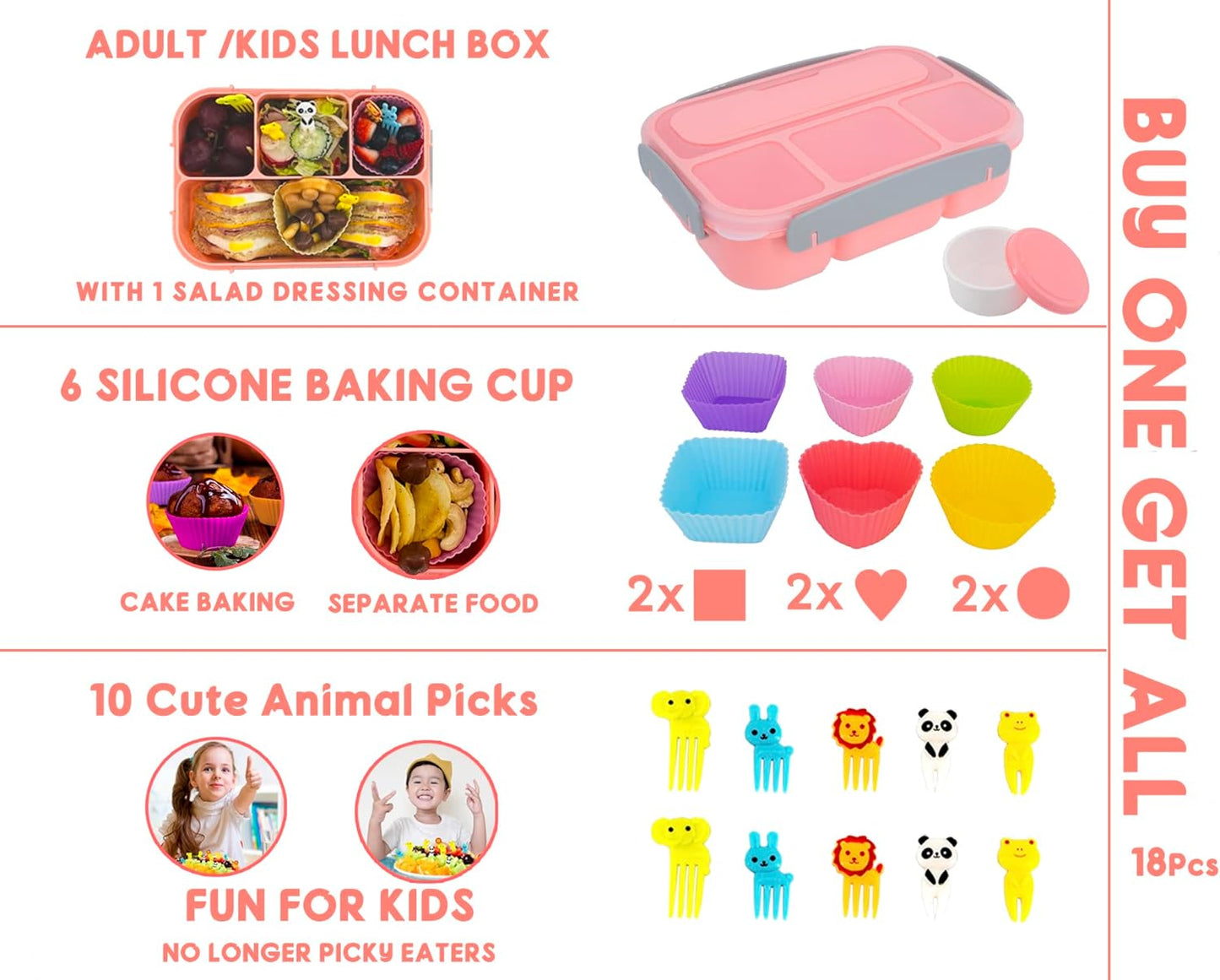 Bento Lunch Box for Kids Adult,4 Compartment Bento Box Adult Lunch Box Containers,Kids Lunch Box with Accessories Silicone Food Cake Cups, Cute Food Picks for Kids,Easy to Clean (PINK)