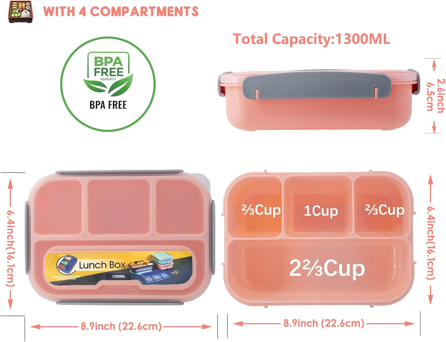 Bento Lunch Box for Kids Adult,4 Compartment Bento Box Adult Lunch Box Containers,Kids Lunch Box with Accessories Silicone Food Cake Cups, Cute Food Picks for Kids,Easy to Clean (PINK)