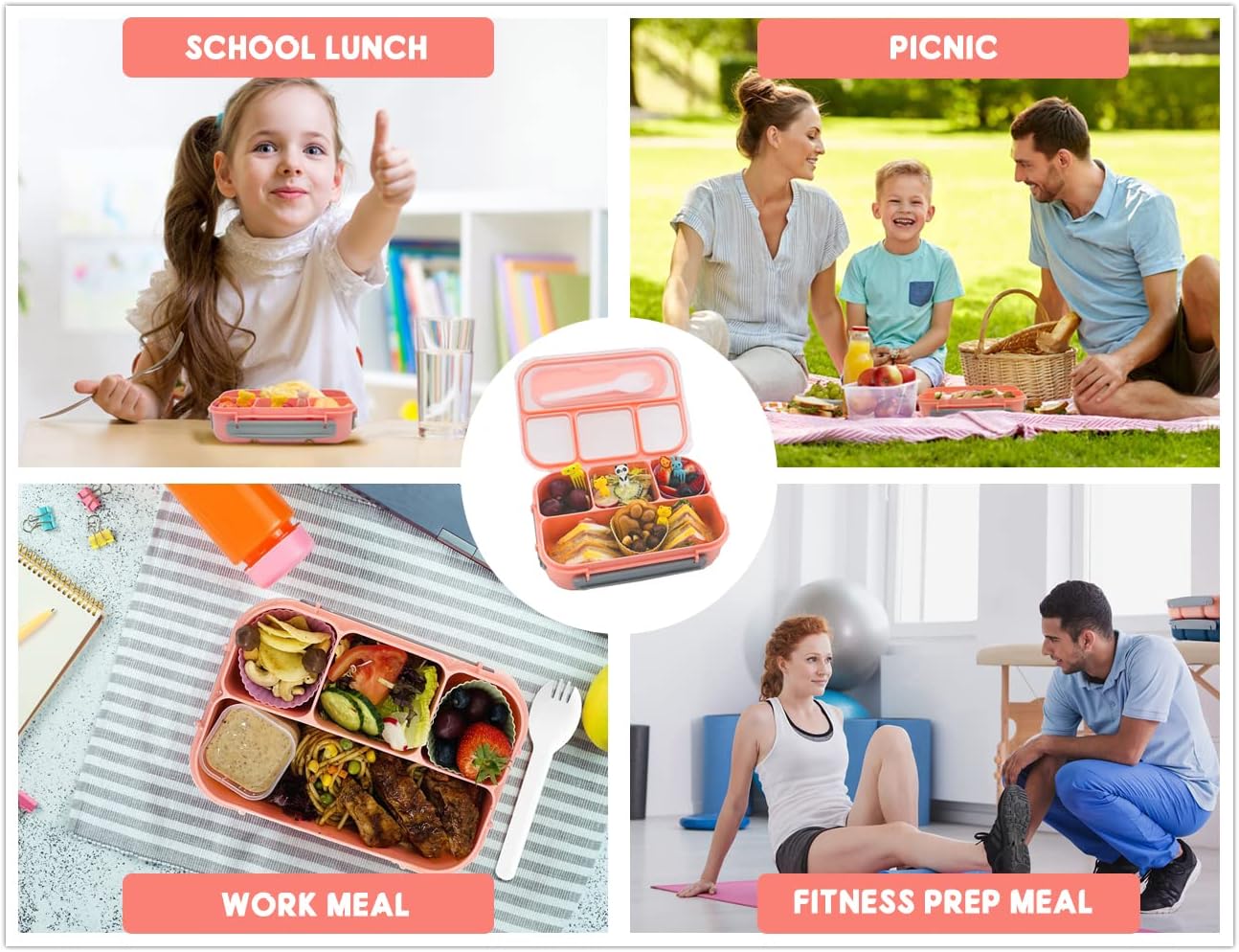Bento Lunch Box for Kids Adult,4 Compartment Bento Box Adult Lunch Box Containers,Kids Lunch Box with Accessories Silicone Food Cake Cups, Cute Food Picks for Kids,Easy to Clean (PINK)