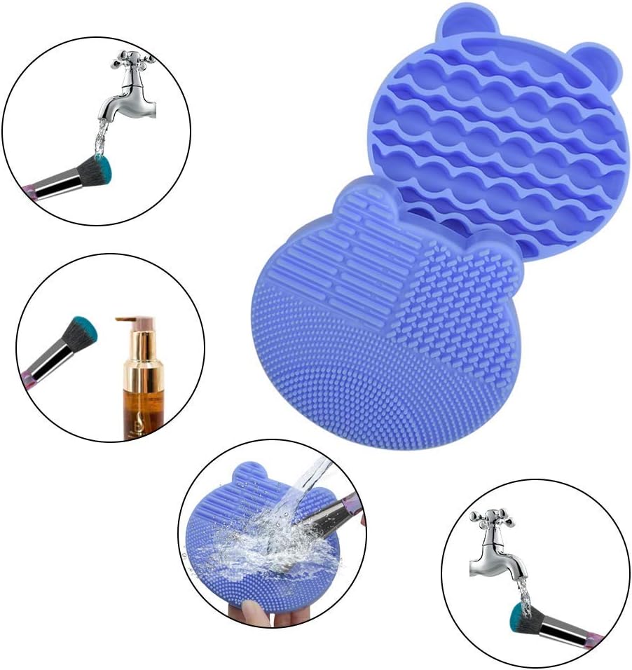 Makeup Brush Cleaning Mat, 2 in 1 Silicone Brush Cleaner Pad with Brushes Drying Holder,Portable Travel Cosmetic Brush Dryer Pad Washing Tool, Blue