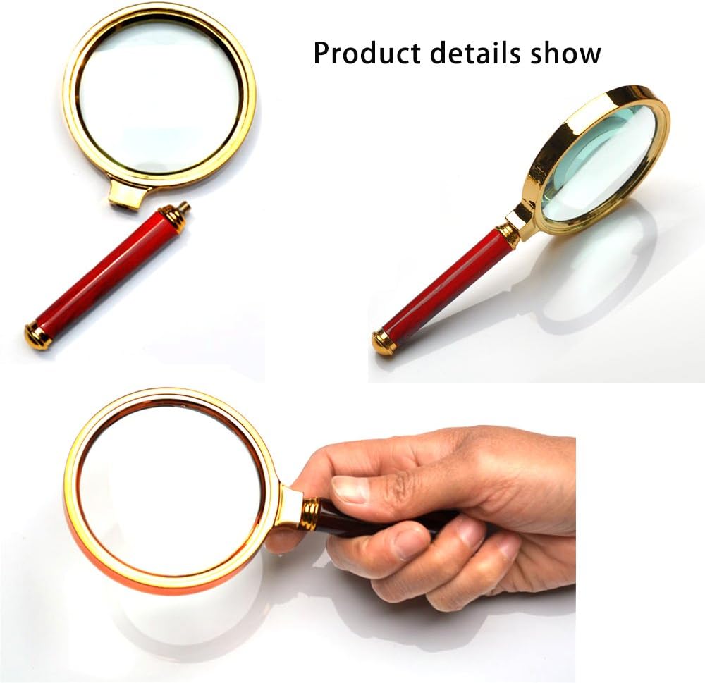 10X Handheld Magnifier Antique Mahogany Handle Magnifier Reading Magnifying Glass for Reading Book, Inspection, Coins, Insects, Rocks, Map, Crossword Puzzle