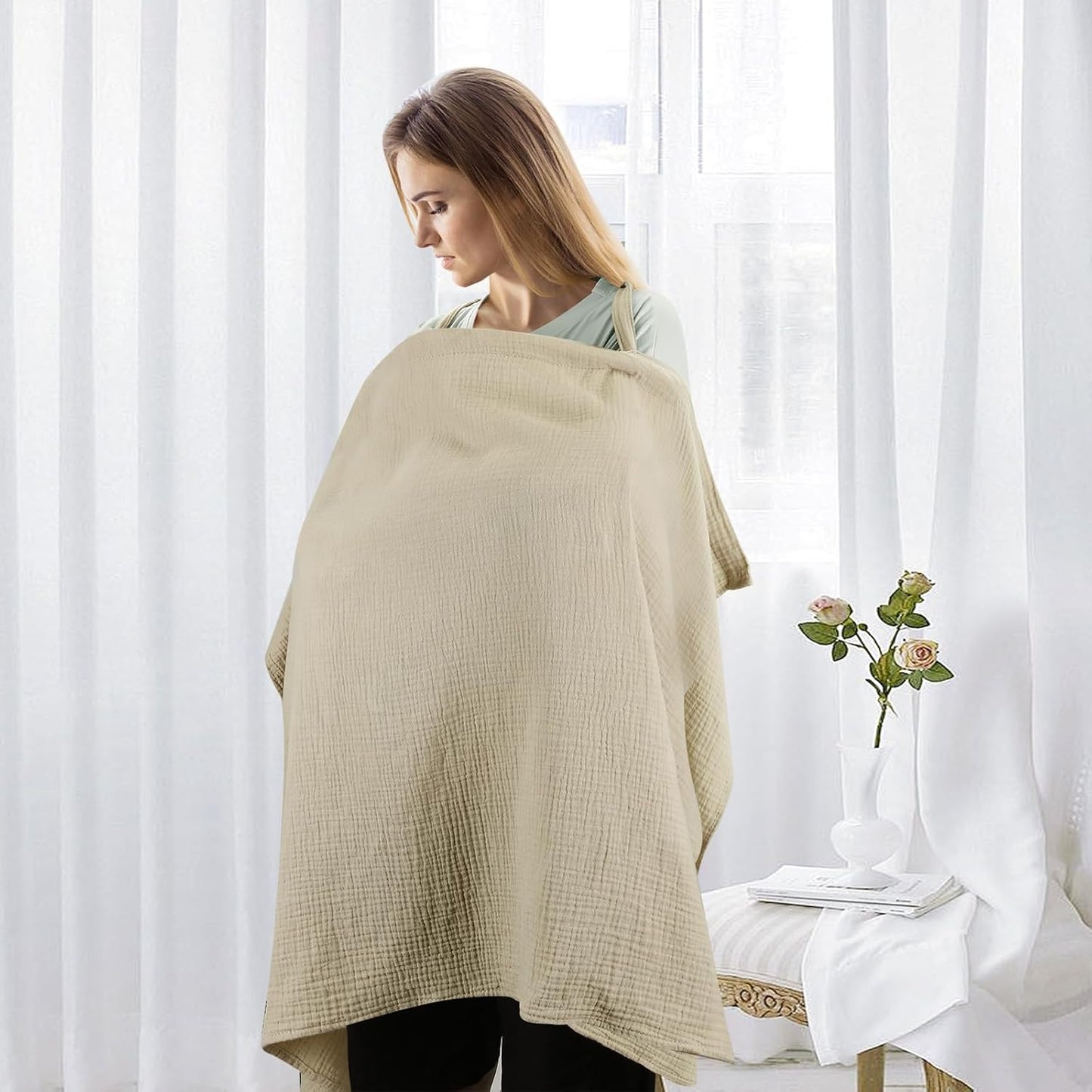 Breastfeeding Cover, Nursing Cover Breastfeeding, Breathable Muslin Nursing Poncho, Neck Insert with Rigid Hoop for Mom, Multi-use Privacy Nursing Apron Carseat Cover