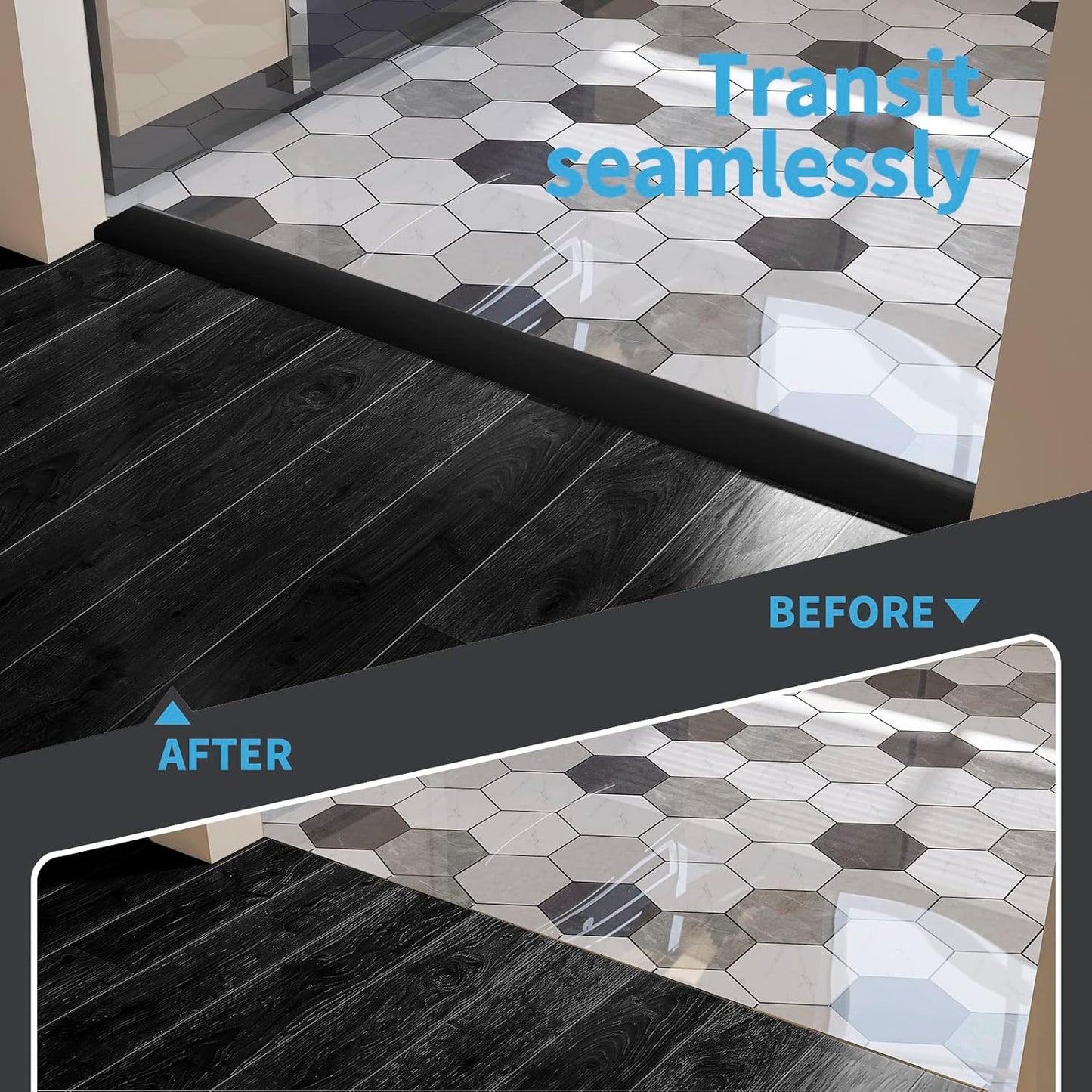 Self Adhesive Vinyl Floor Transition Strip,Laminate Floor Strip Floor Flat Divider Strip for Joining Floor Gaps,Carpet Threshold Transition,Floor Tiles（10 FT, 1.57in, Black）