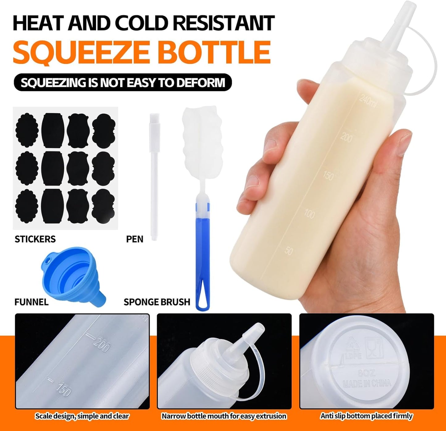 4 Pcs 8 oz Condiment Squeeze Bottles for Sauce, Plastic Squeeze Bottles, Squirt Bottle Oil Container Dispenser for Ketchup, Sauce, BBQ, Grilling, Salad Dressing, Honey,Paint and Craft