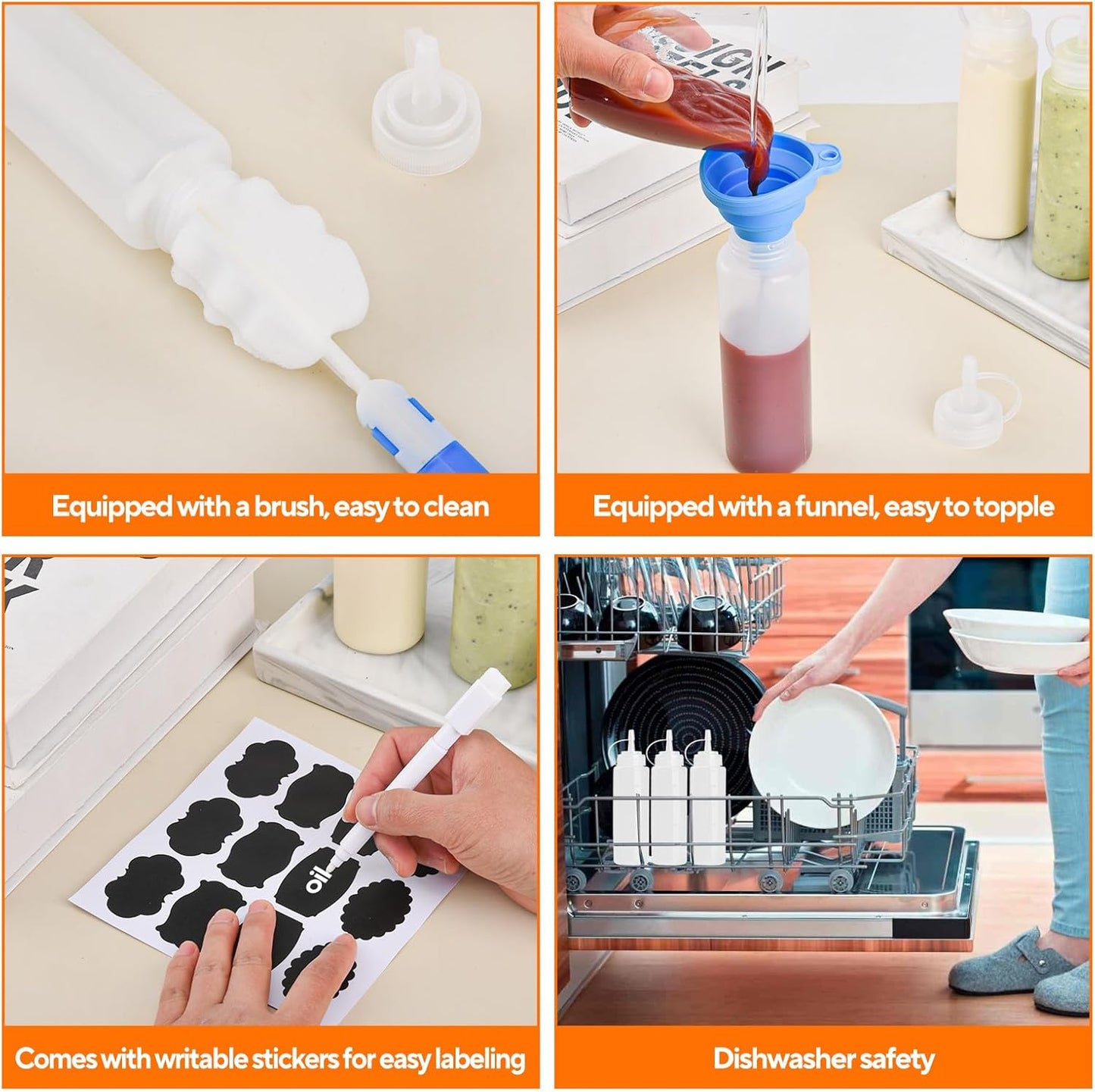 4 Pcs 8 oz Condiment Squeeze Bottles for Sauce, Plastic Squeeze Bottles, Squirt Bottle Oil Container Dispenser for Ketchup, Sauce, BBQ, Grilling, Salad Dressing, Honey,Paint and Craft