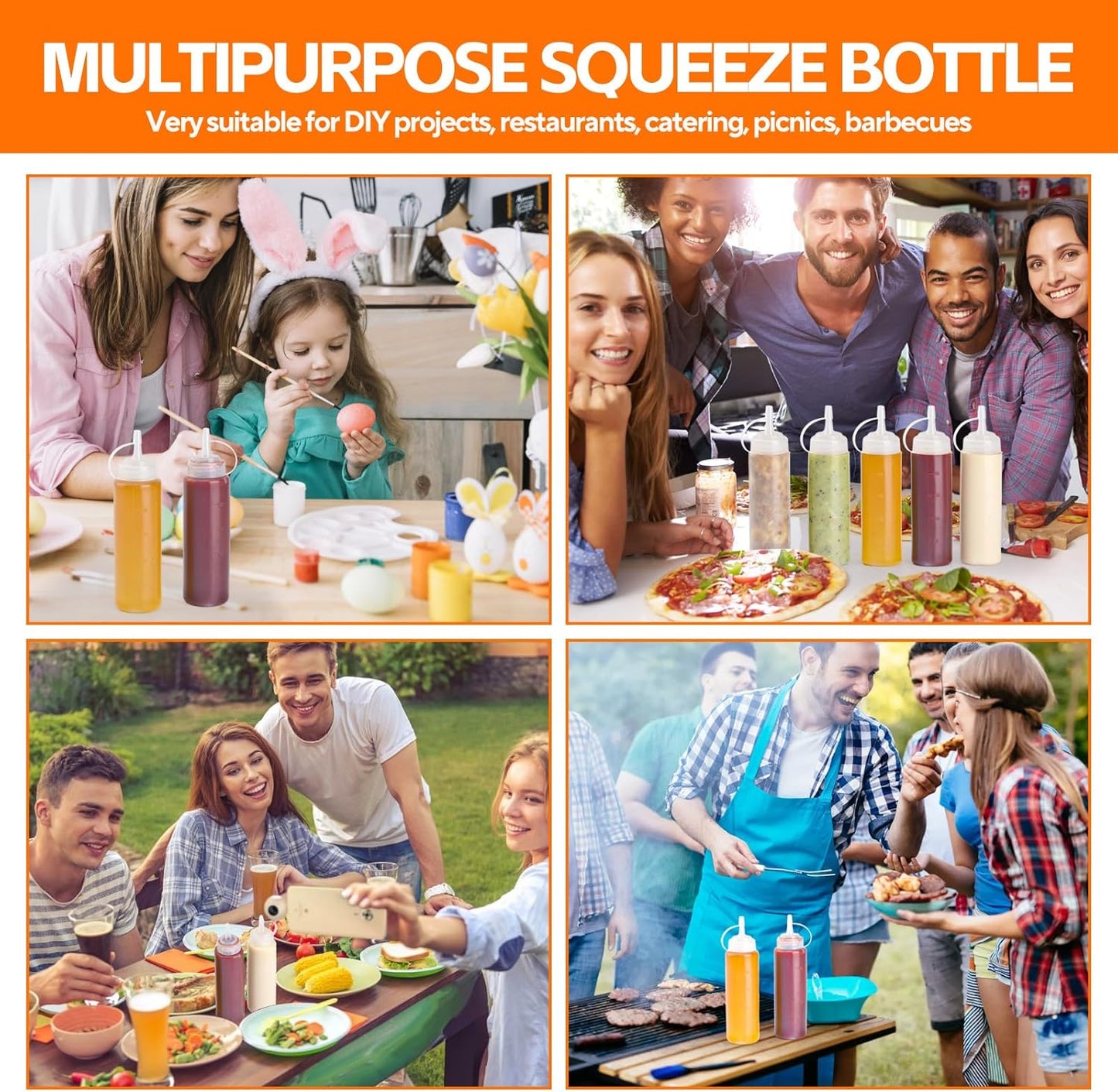 4 Pcs 8 oz Condiment Squeeze Bottles for Sauce, Plastic Squeeze Bottles, Squirt Bottle Oil Container Dispenser for Ketchup, Sauce, BBQ, Grilling, Salad Dressing, Honey,Paint and Craft