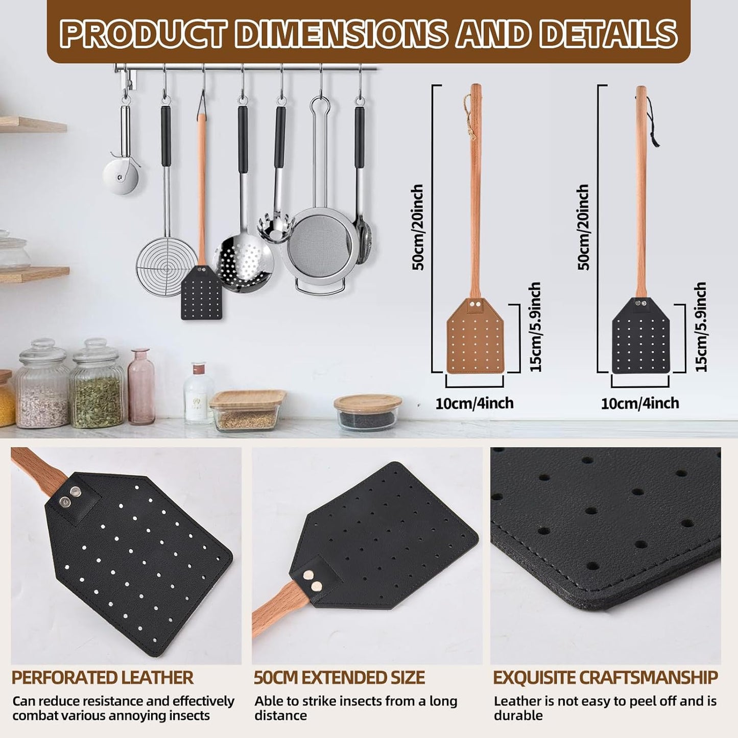 2 Pcs Leather Fly Swatter with Wood Handle, Durable Heavy Duty Fly Insects Catcher for Indoor Outdoor, Wooden Design Fly Killer Pest Control Bug Swatter Manual for Spiders, Flies, Bees, Mosquitoes