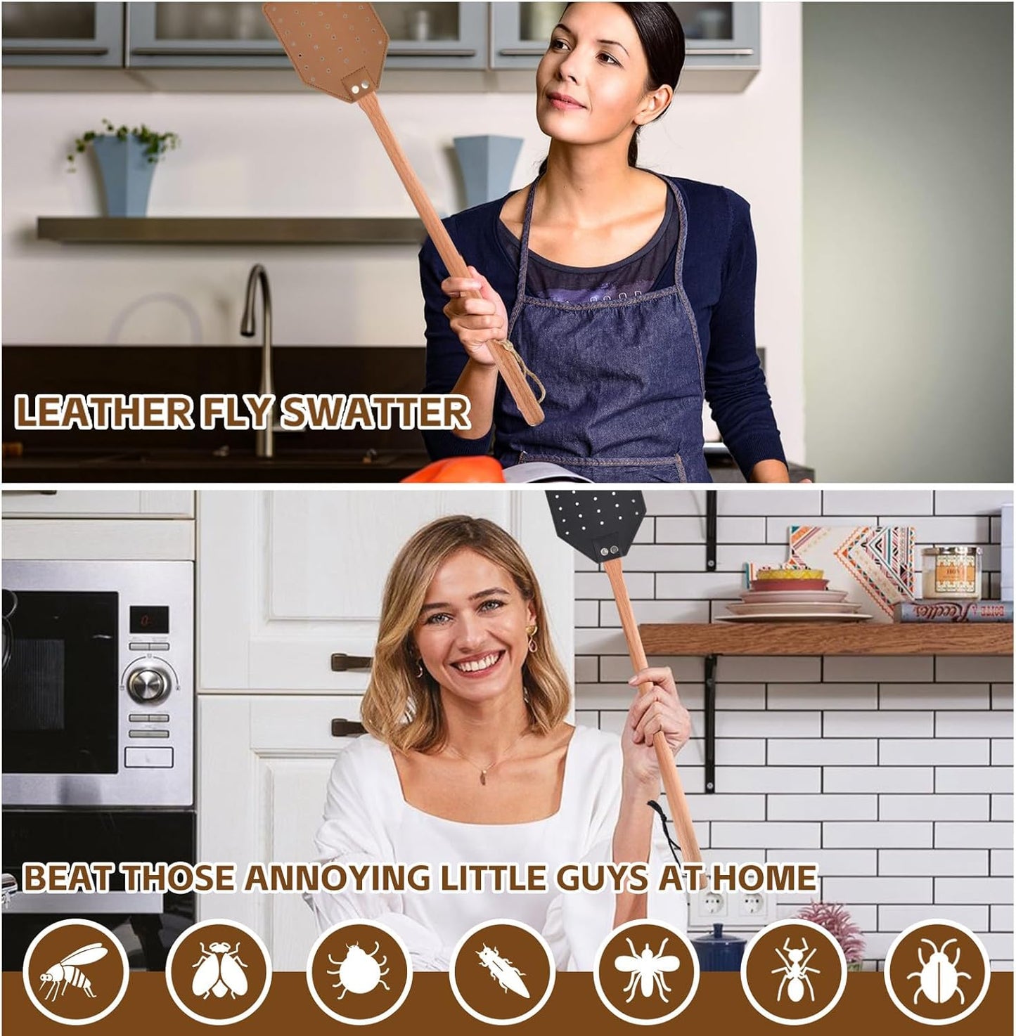 2 Pcs Leather Fly Swatter with Wood Handle, Durable Heavy Duty Fly Insects Catcher for Indoor Outdoor, Wooden Design Fly Killer Pest Control Bug Swatter Manual for Spiders, Flies, Bees, Mosquitoes