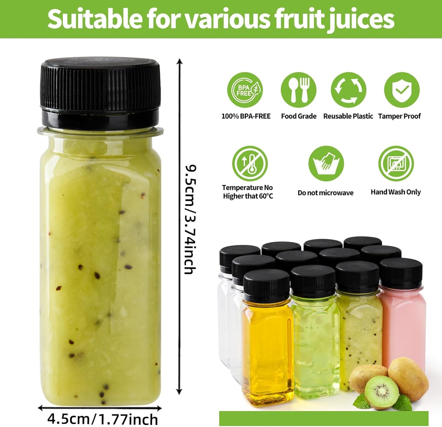 12 pcs 2oz Small Plastic Juice Bottles with Lids，Reusable Leak proof Ginger Shots Bottle with Black caps, Wellness Mini Jars Plastic Containers for Smoothie, Water, Milk and Other Beverages