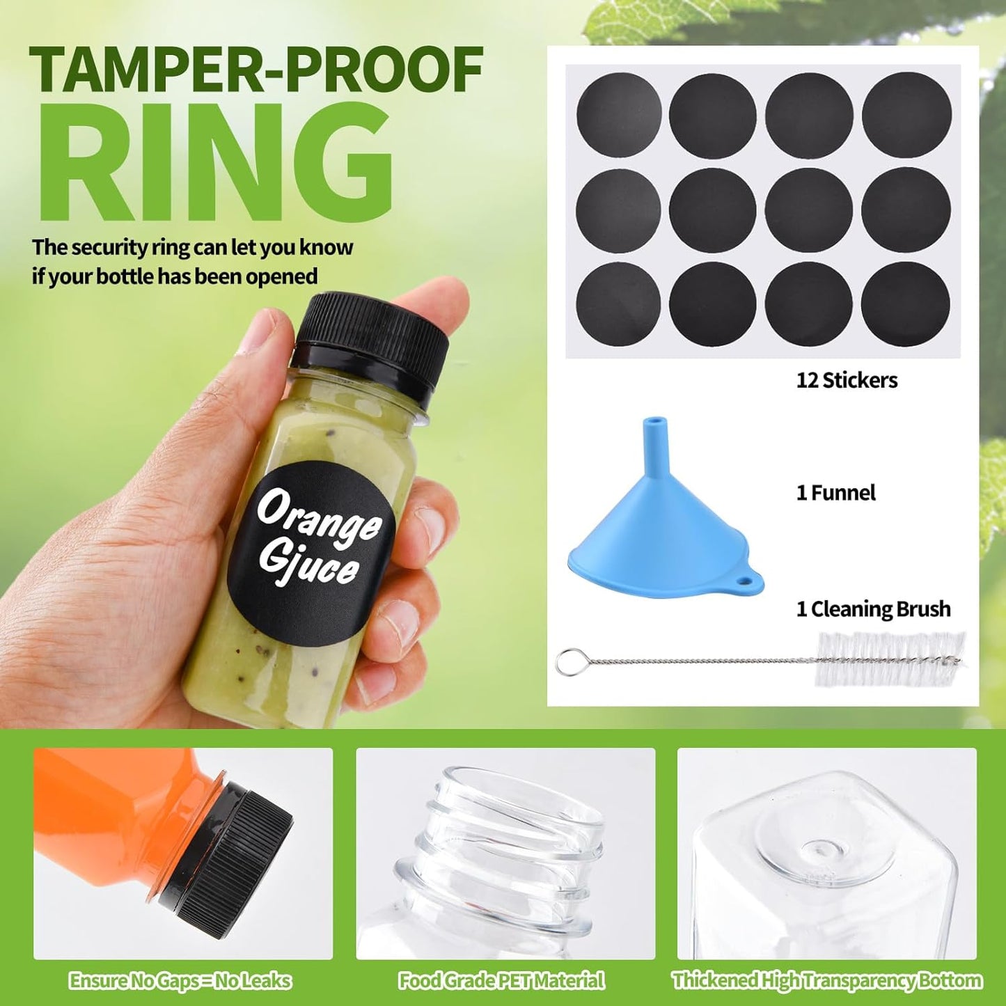 12 pcs 2oz Small Plastic Juice Bottles with Lids，Reusable Leak proof Ginger Shots Bottle with Black caps, Wellness Mini Jars Plastic Containers for Smoothie, Water, Milk and Other Beverages