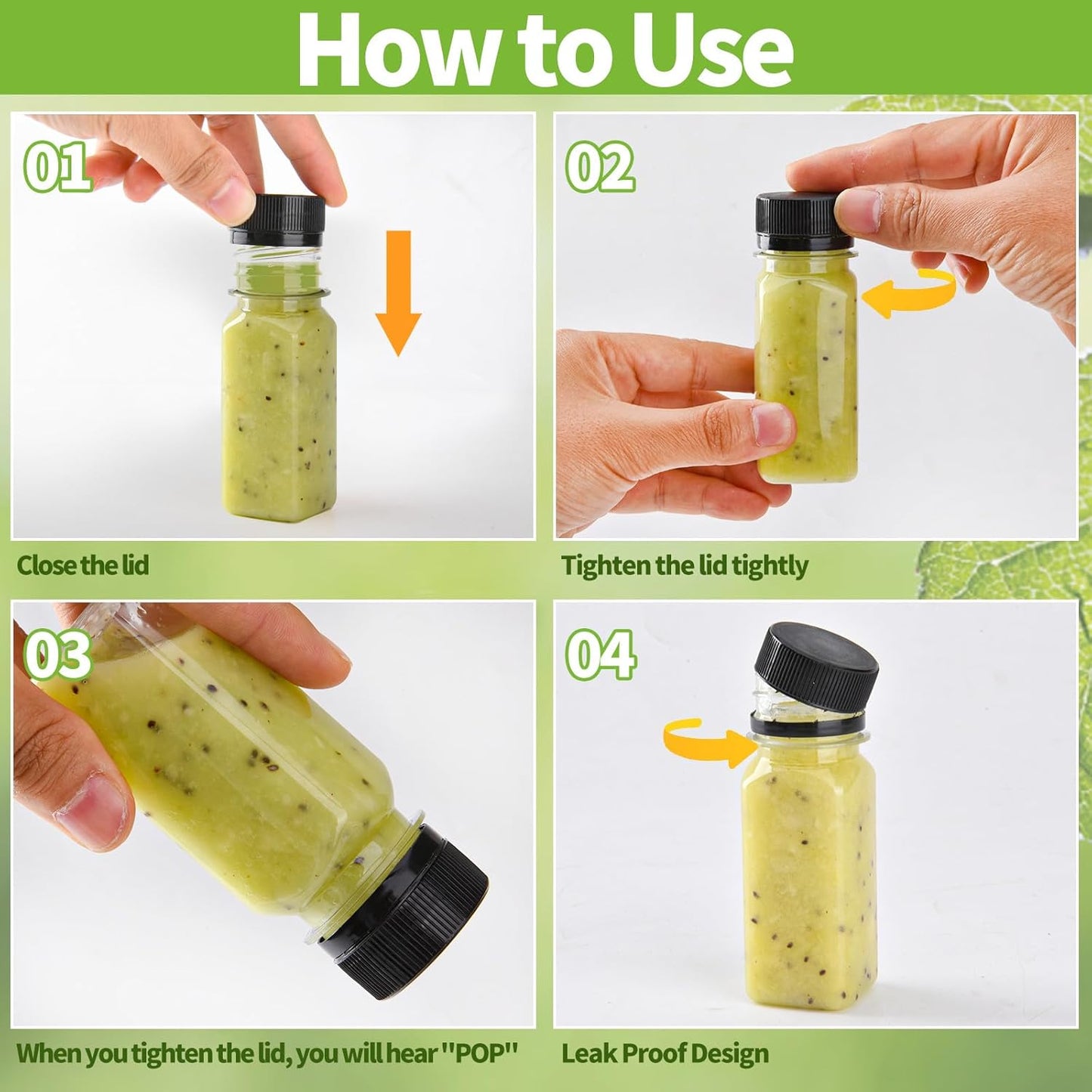 12 pcs 2oz Small Plastic Juice Bottles with Lids，Reusable Leak proof Ginger Shots Bottle with Black caps, Wellness Mini Jars Plastic Containers for Smoothie, Water, Milk and Other Beverages
