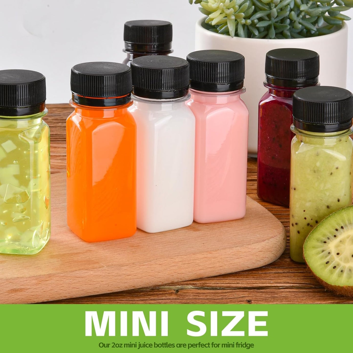 12 pcs 2oz Small Plastic Juice Bottles with Lids，Reusable Leak proof Ginger Shots Bottle with Black caps, Wellness Mini Jars Plastic Containers for Smoothie, Water, Milk and Other Beverages