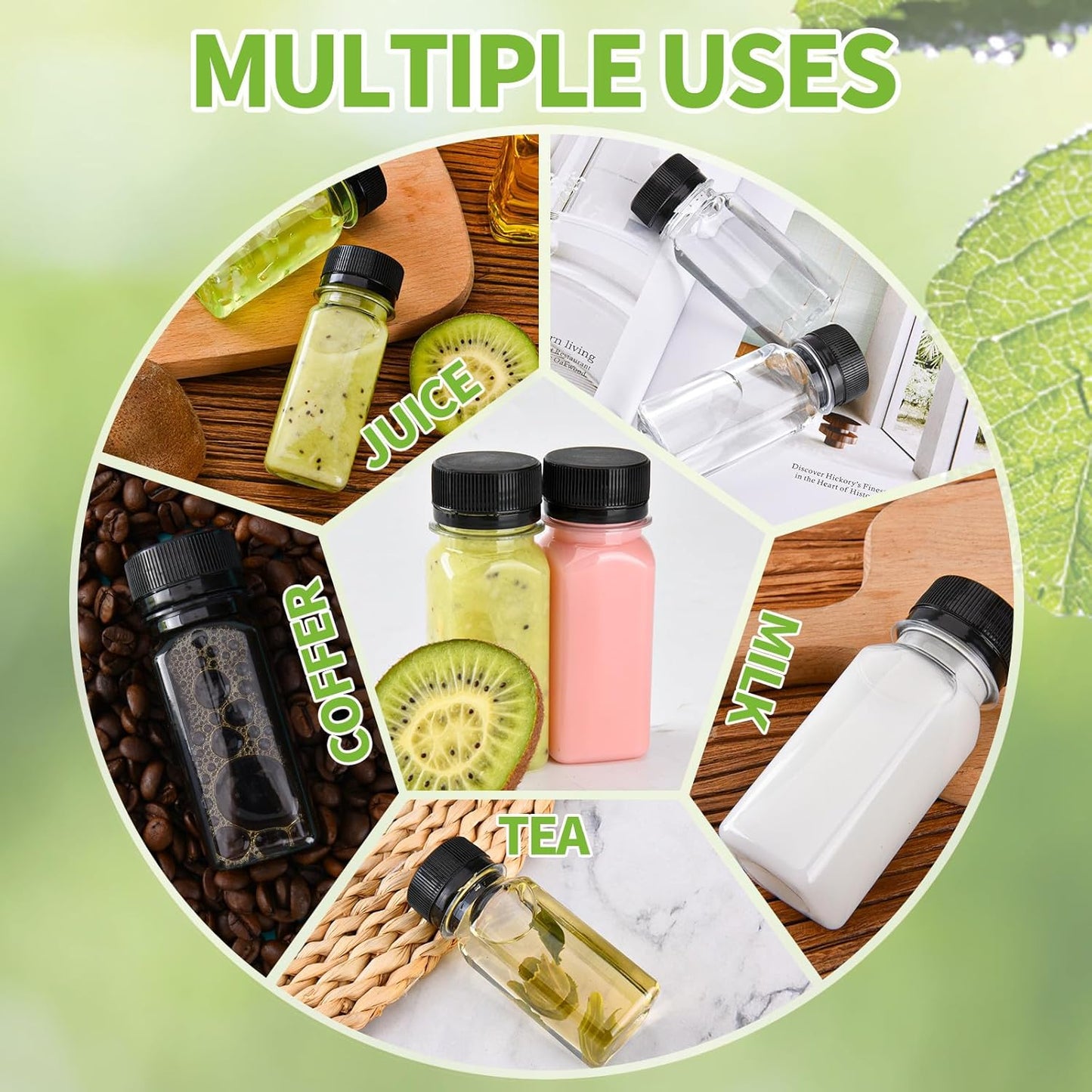 12 pcs 2oz Small Plastic Juice Bottles with Lids，Reusable Leak proof Ginger Shots Bottle with Black caps, Wellness Mini Jars Plastic Containers for Smoothie, Water, Milk and Other Beverages