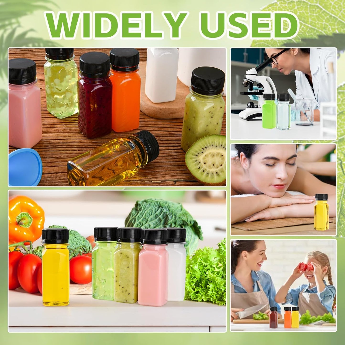12 pcs 2oz Small Plastic Juice Bottles with Lids，Reusable Leak proof Ginger Shots Bottle with Black caps, Wellness Mini Jars Plastic Containers for Smoothie, Water, Milk and Other Beverages