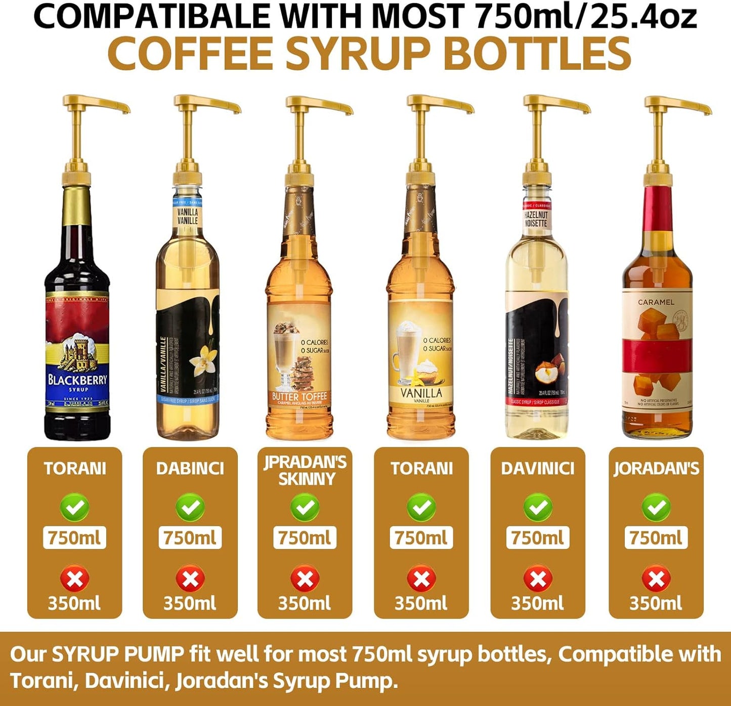 8PCS Syrup Pump for 25.4 Oz/750ml Flavorings Bottles, Coffee Syrup Pump Dispenser, Compatible with Torani, Matteo's, Davinci, Jordans Skinny Syrups Bottles, Syrup Dispenser for Coffee Bar Accessories