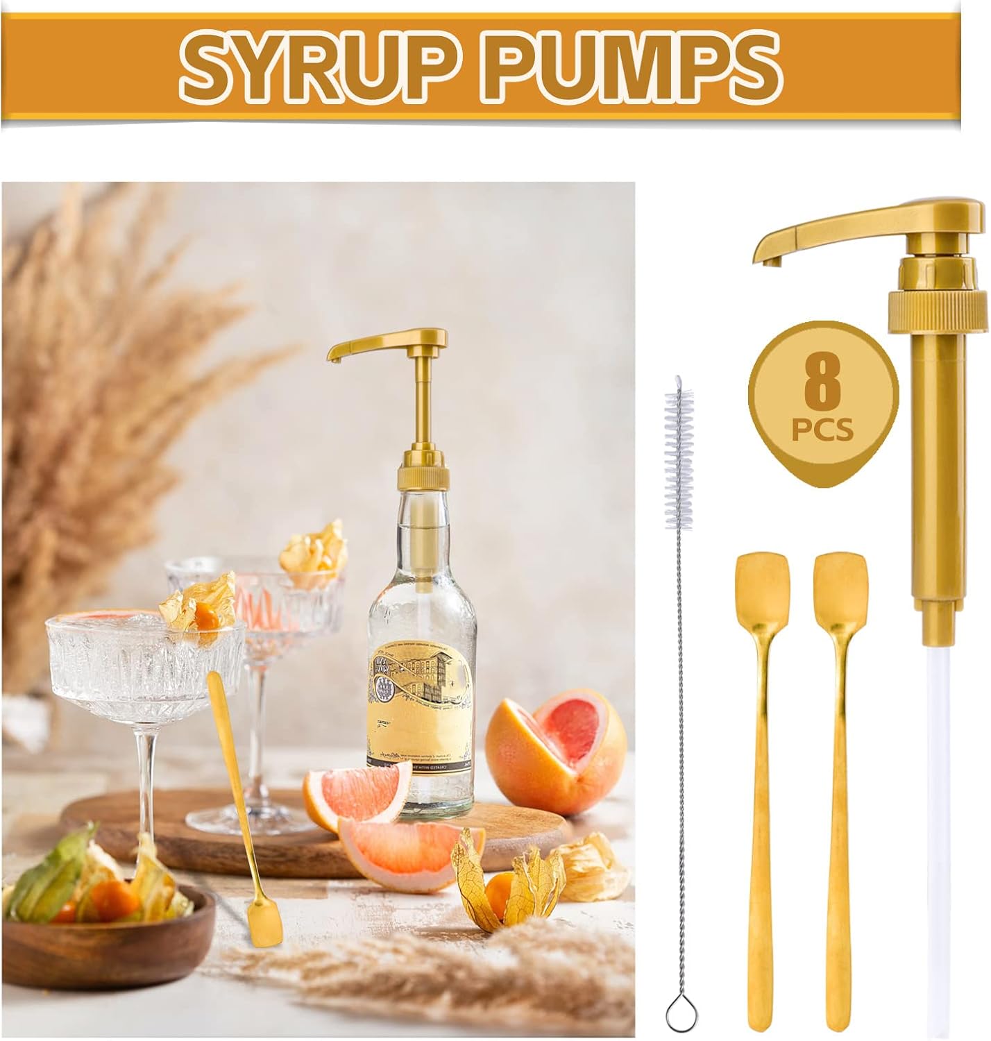 8PCS Syrup Pump for 25.4 Oz/750ml Flavorings Bottles, Coffee Syrup Pump Dispenser, Compatible with Torani, Matteo's, Davinci, Jordans Skinny Syrups Bottles, Syrup Dispenser for Coffee Bar Accessories
