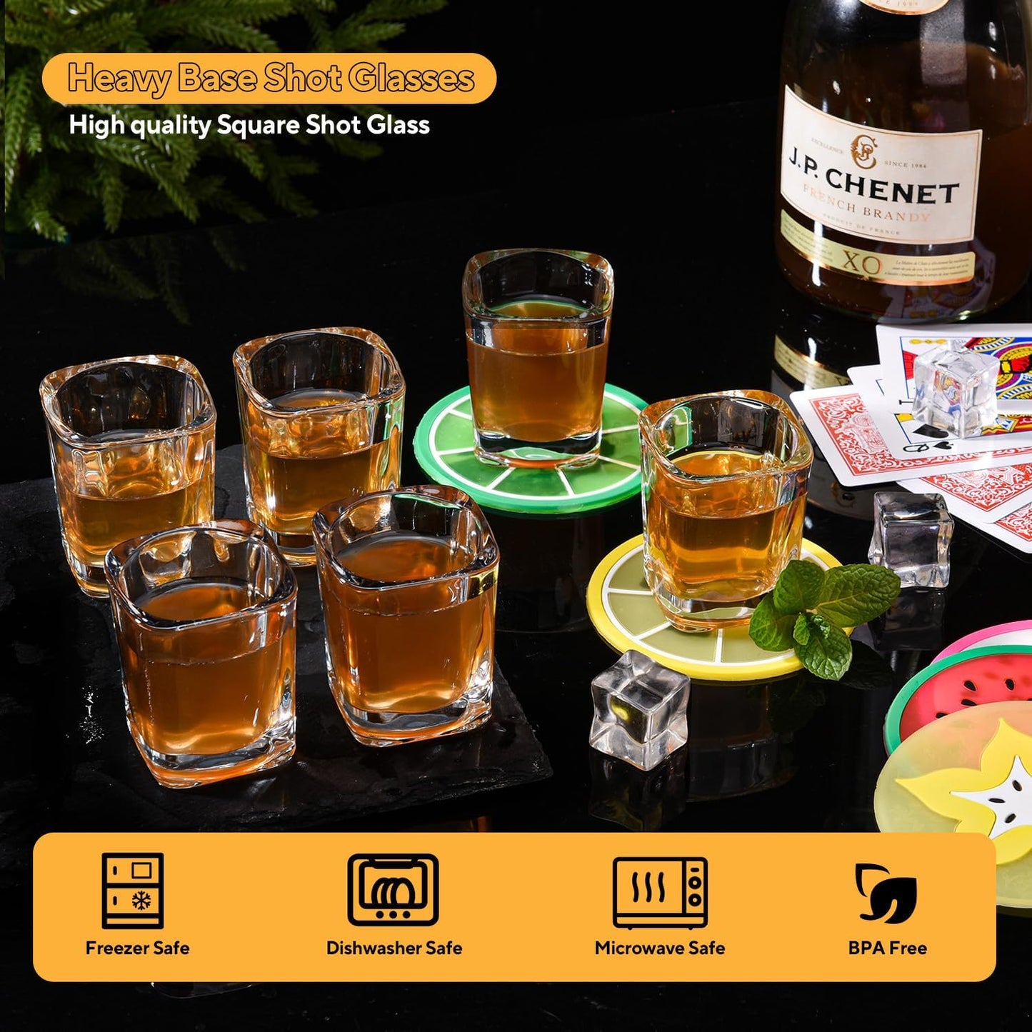 6 Pack 2oz Heavy Base Shot Glasses Set, Square Clear Shot Glasses Bulk, Tequila Shot Glass Small Bar Cart Accessories Espresso Shot Glass Holder for Spirits & Liquors, Whiskey, Vodka, Tequila, Party