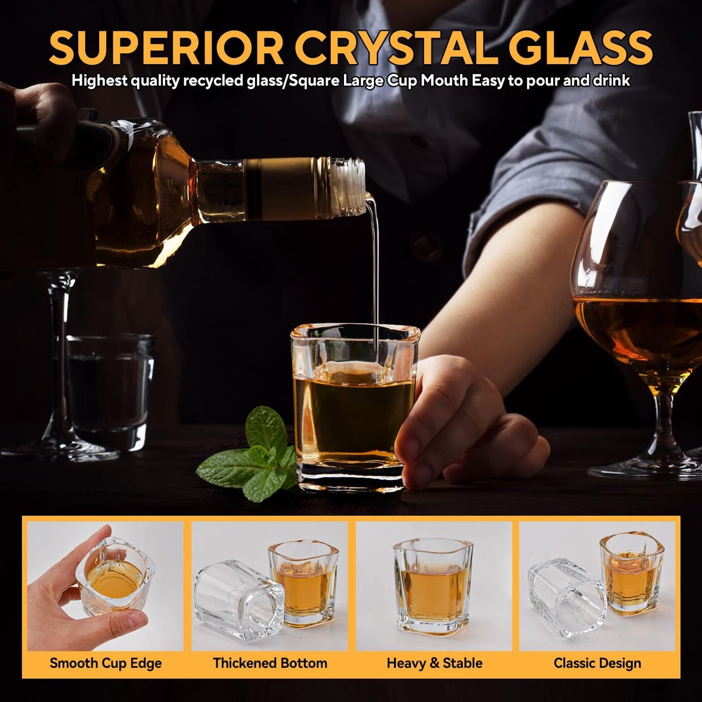 6 Pack 2oz Heavy Base Shot Glasses Set, Square Clear Shot Glasses Bulk, Tequila Shot Glass Small Bar Cart Accessories Espresso Shot Glass Holder for Spirits & Liquors, Whiskey, Vodka, Tequila, Party
