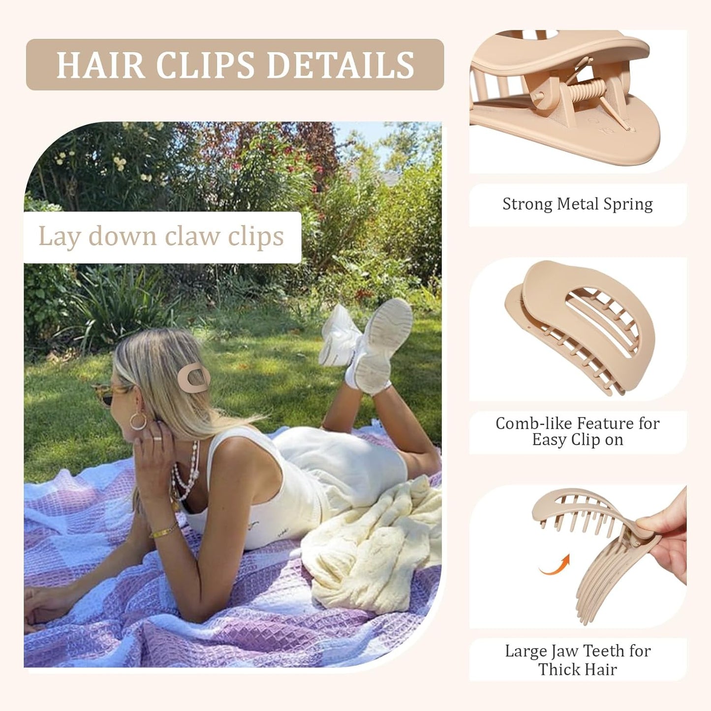 4" Large Round Flat Hair Clips for Women - Strong Hold Lay Down Claw Clamps Hair Barrettes Alligator Clip for Thick Thin Hair(Neutral Colors）