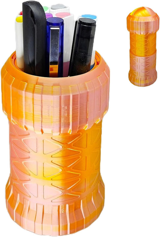 Foldable Pen Pencil Holder for Desk, Unique Space Capsule Type Desk Pen Organizer Adjustable to two heights, Twist-close Pen Holder for Travel (Pink Gold)