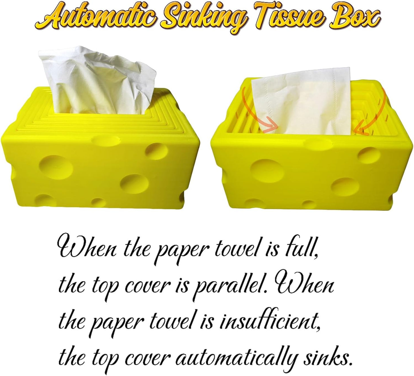 Cheese Automatic Sinking Tissue Box Cover, Stylish Rectangle Sunken Tissue Box Holder with Pull-Out Bottom, Decorative Tissue Cover for Bathroom Toilet Bedroom Table Desk Office (Yellow)