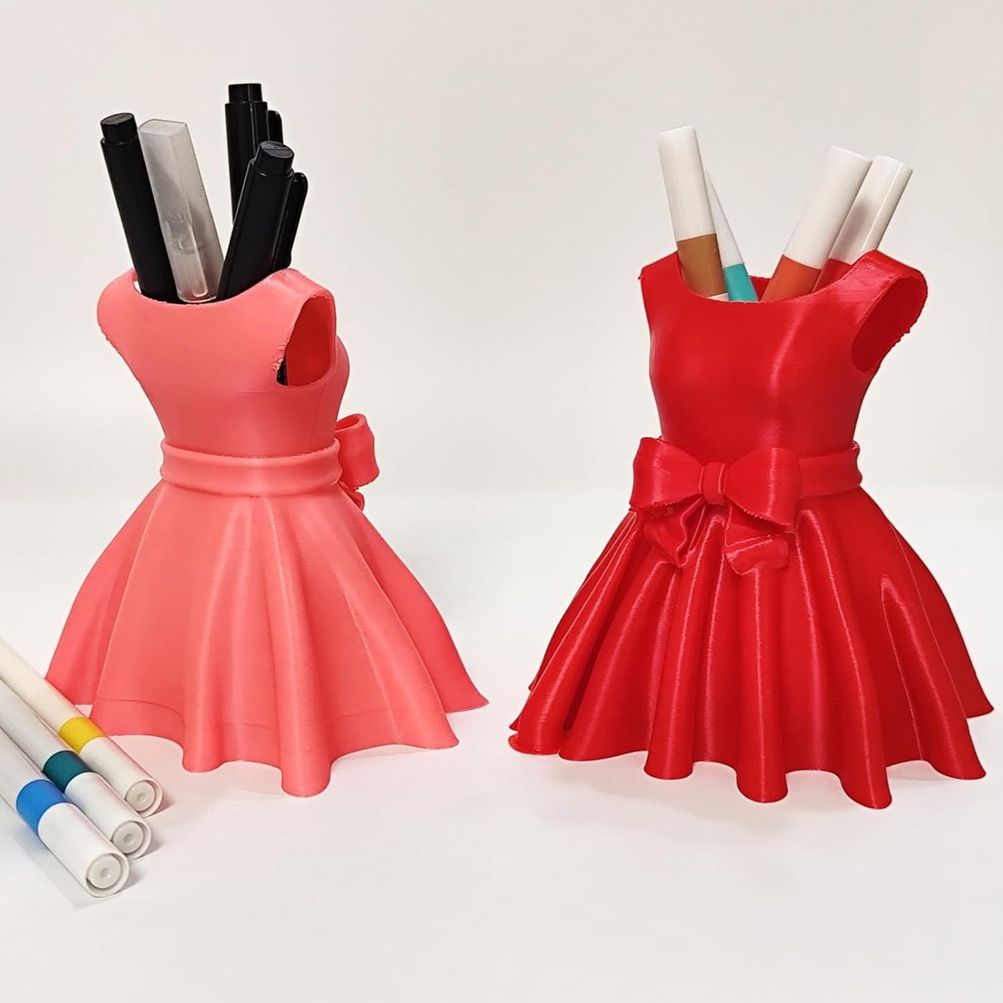 3D Printed Dress Pen Holder- Elegant Pink Dress Shape with Bow, Desk Organizer for Pens, Makeup Brushes, Unique Gift Idea