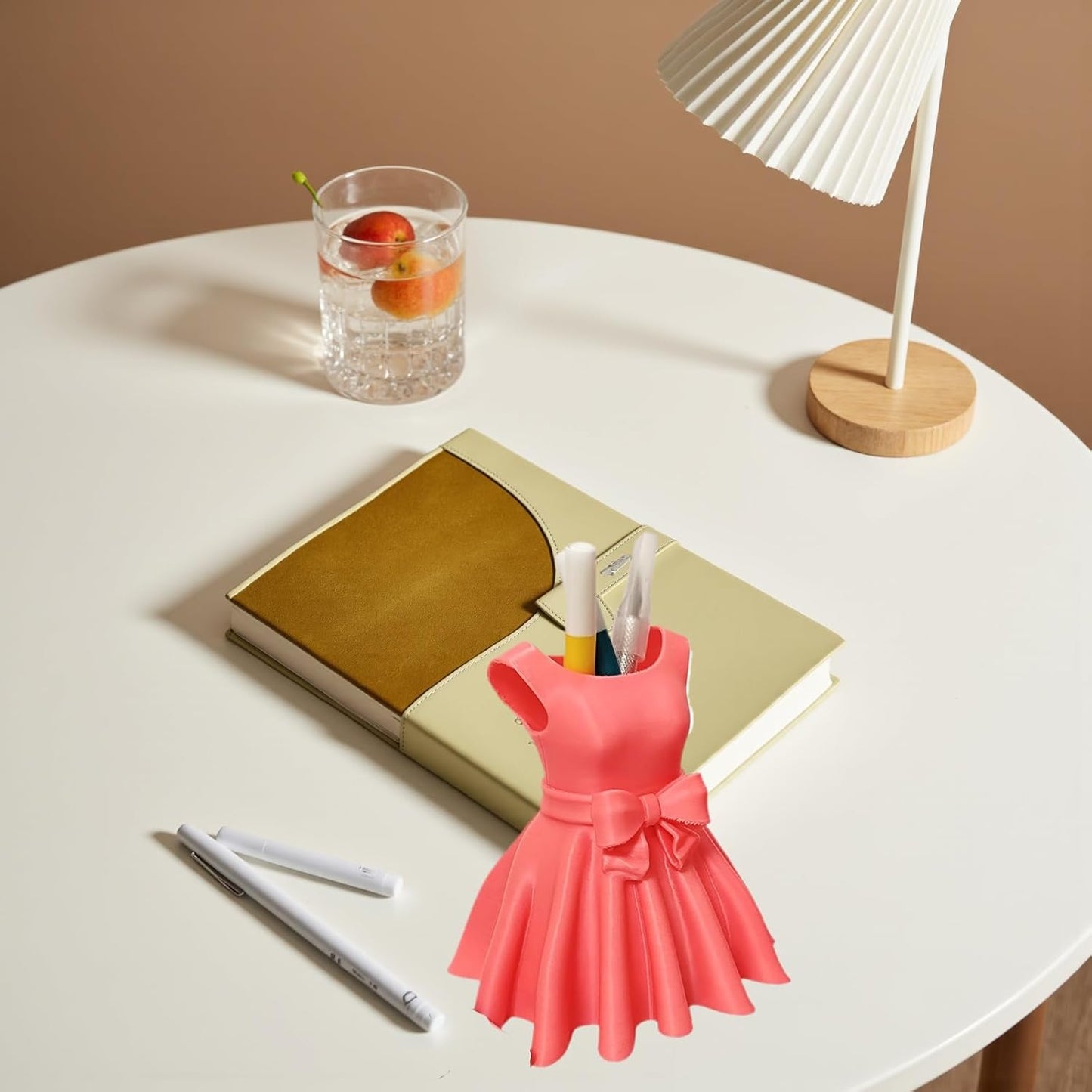 3D Printed Dress Pen Holder- Elegant Pink Dress Shape with Bow, Desk Organizer for Pens, Makeup Brushes, Unique Gift Idea