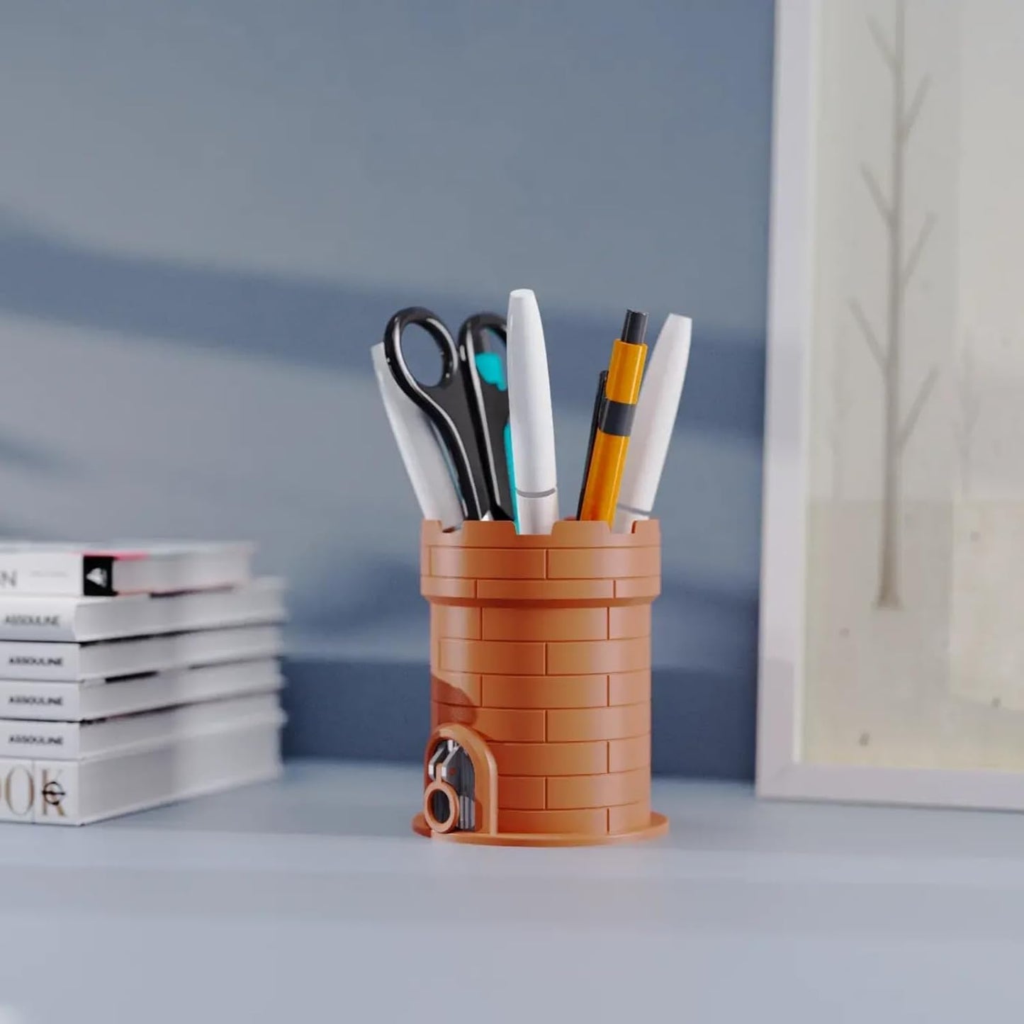Drawer Castle Pen Holder - 3D Printed Creative Desk Organizer with Hidden Mini Drawer, Holds 5-8 Pens, Scissors & Small Supplies