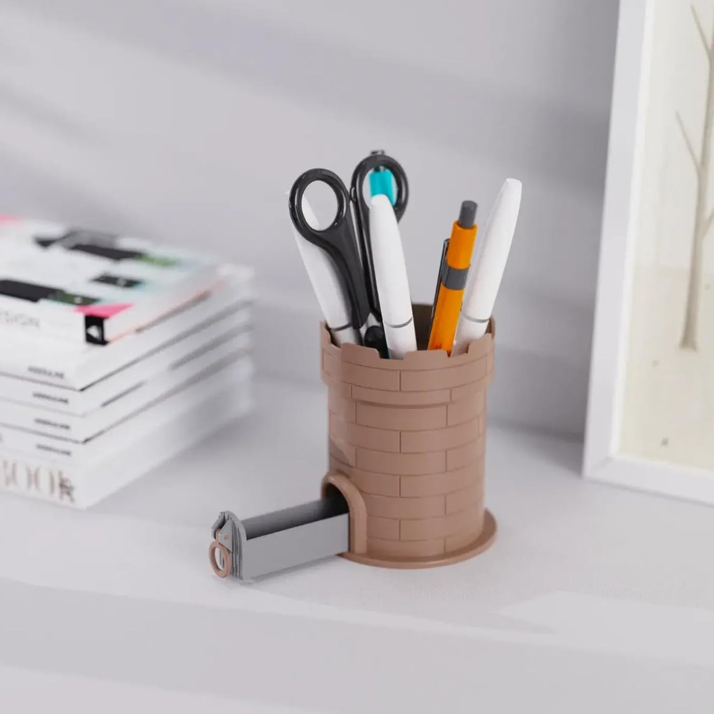Drawer Castle Pen Holder - 3D Printed Creative Desk Organizer with Hidden Mini Drawer, Holds 5-8 Pens, Scissors & Small Supplies