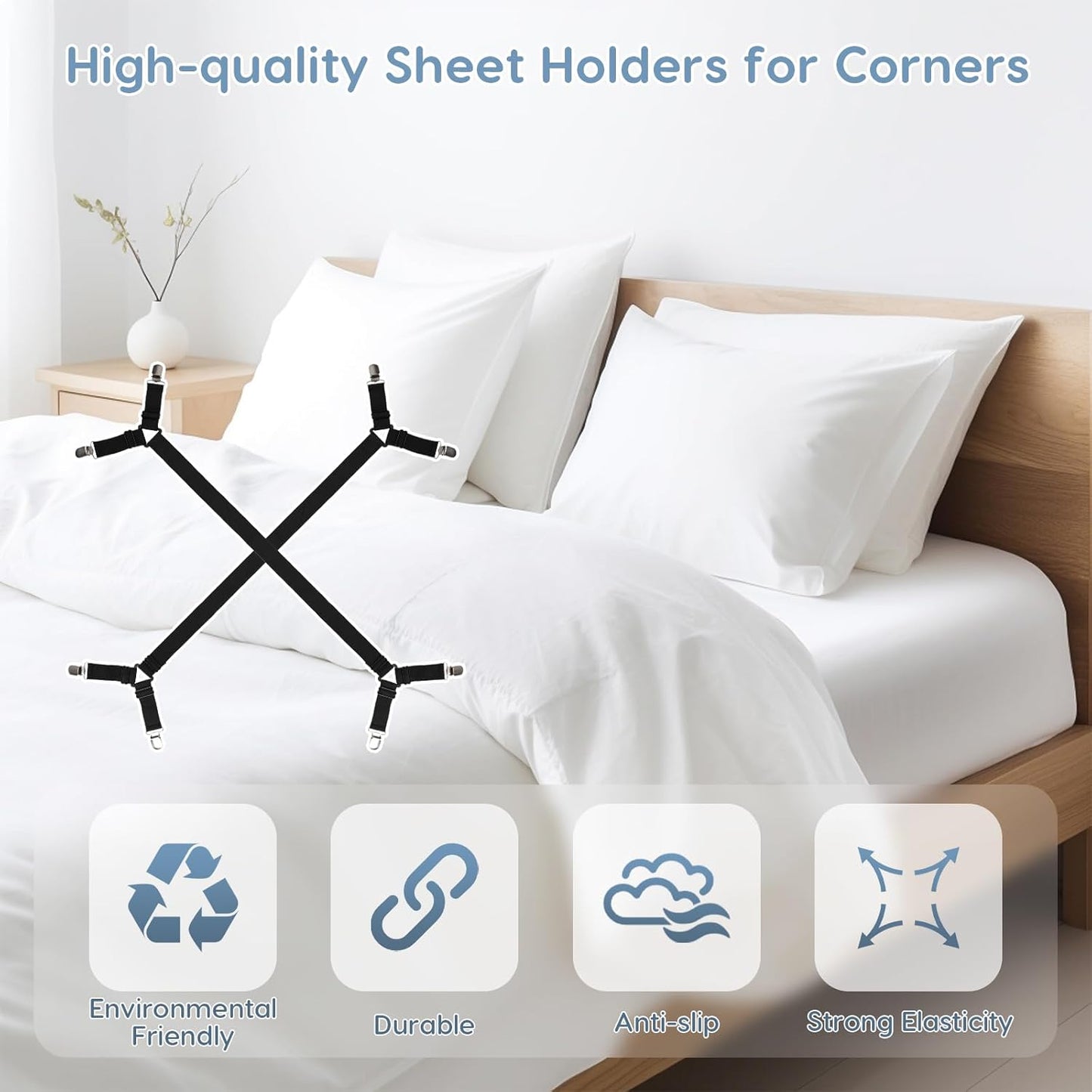 4PCS Bed Sheet Holders Straps for Corners, Elastic Adjustable Fitted Sheet Holder, Easy Install Bed Sheet Holder Suit for Round and Square Mattresses Bedspread Fasteners and Suspenders