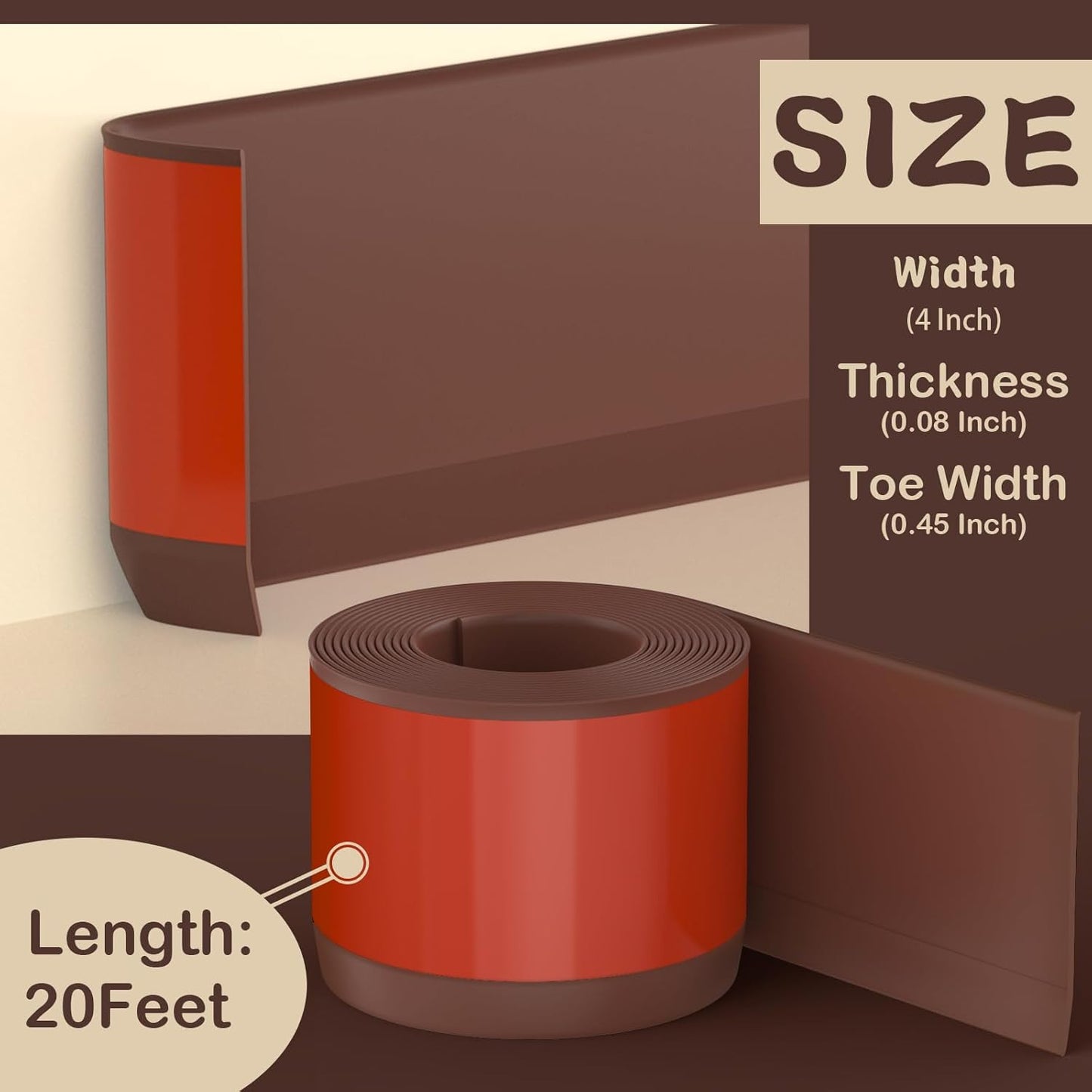 Flexible Wall Base Baseboard Molding Trim, 4 Inch(W) x 20 Feet(L) Self-Adhesive Vinyl, Peel and Stick Cove Base, Rubber Wall Base Moulding Trim(Brown)