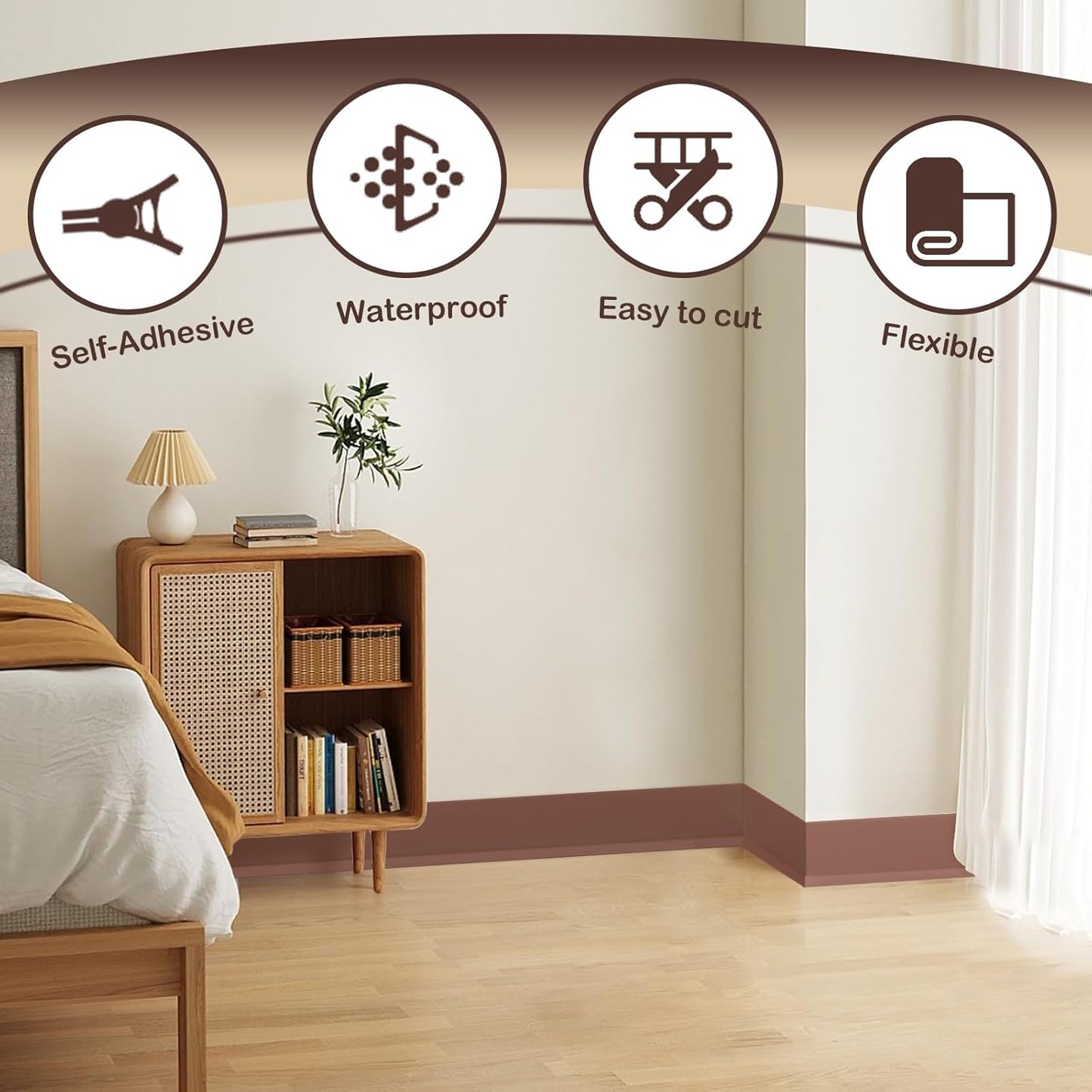 Flexible Wall Base Baseboard Molding Trim, 4 Inch(W) x 20 Feet(L) Self-Adhesive Vinyl, Peel and Stick Cove Base, Rubber Wall Base Moulding Trim(Brown)