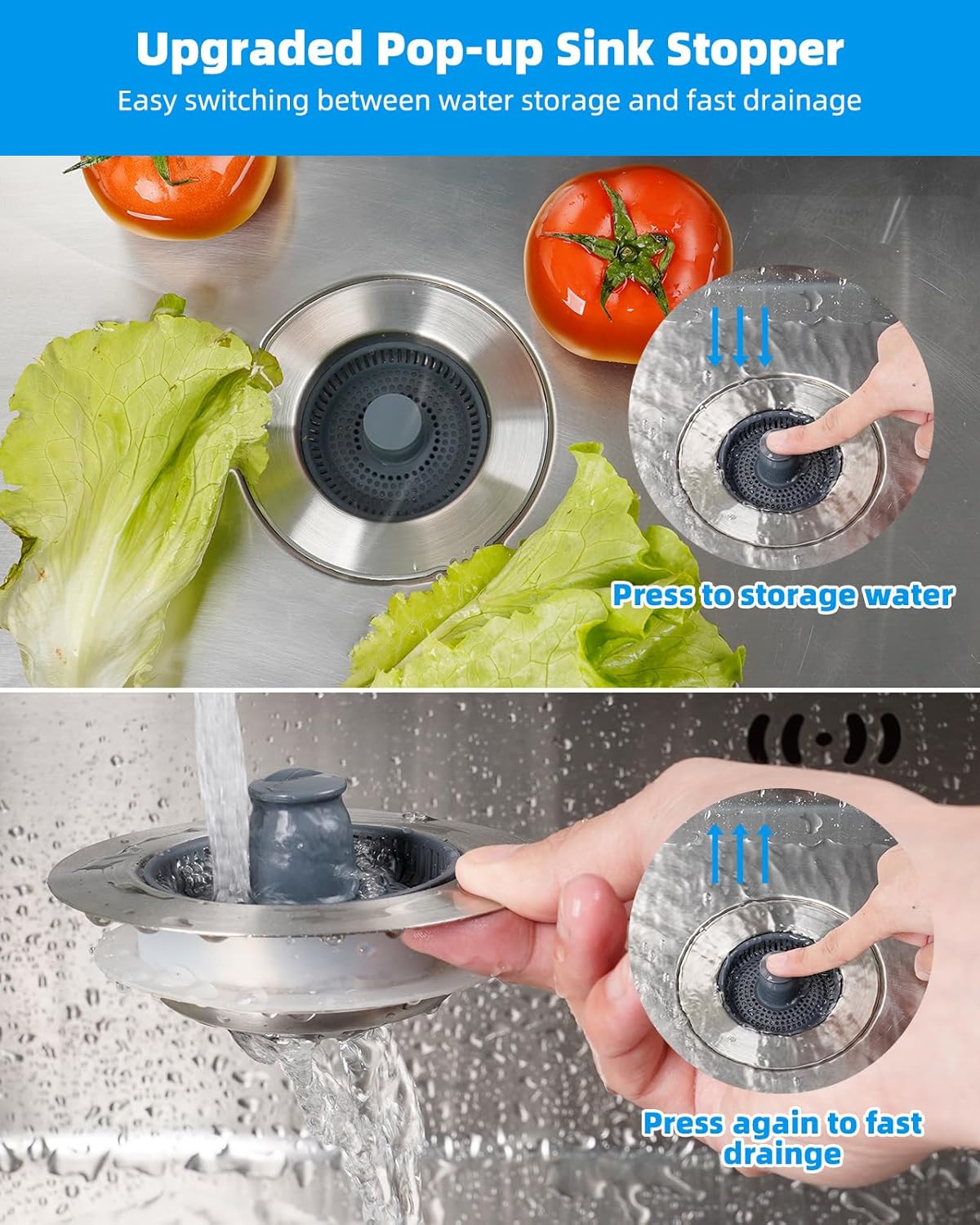 Upgraded 3 in 1 Kitchen Sink Drain Strainer and Stopper Combo, Stainless Steel Metal Pop Up Sink Stopper, Anti-Clogging Basket Strainer with Handle for US Standard 3-1/2 Inch Drain, Grey