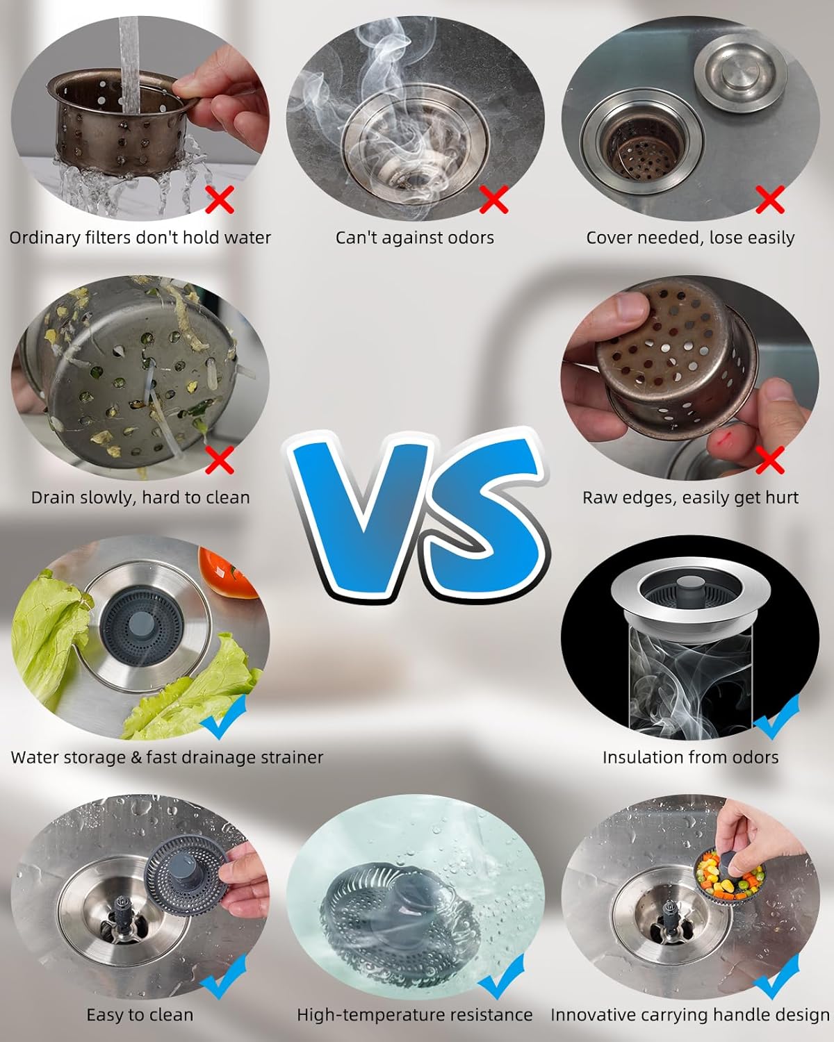 Upgraded 3 in 1 Kitchen Sink Drain Strainer and Stopper Combo, Stainless Steel Metal Pop Up Sink Stopper, Anti-Clogging Basket Strainer with Handle for US Standard 3-1/2 Inch Drain, Grey