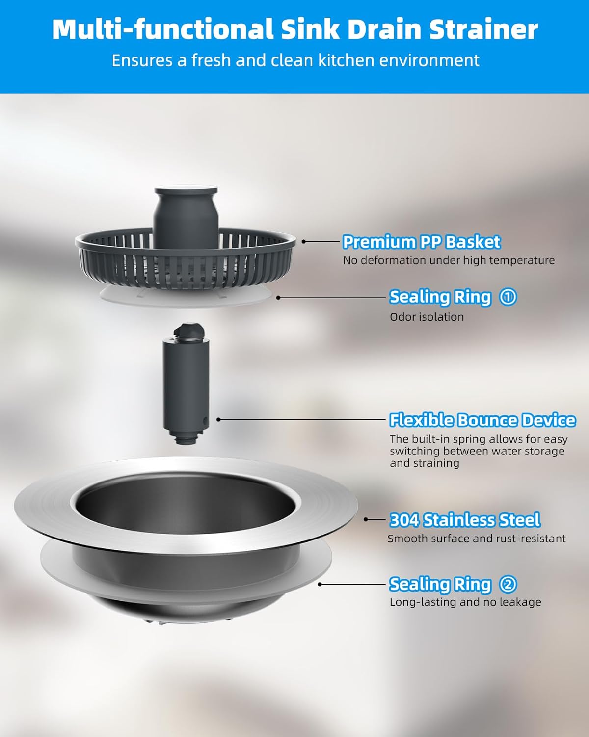 Upgraded 3 in 1 Kitchen Sink Drain Strainer and Stopper Combo, Stainless Steel Metal Pop Up Sink Stopper, Anti-Clogging Basket Strainer with Handle for US Standard 3-1/2 Inch Drain, Grey