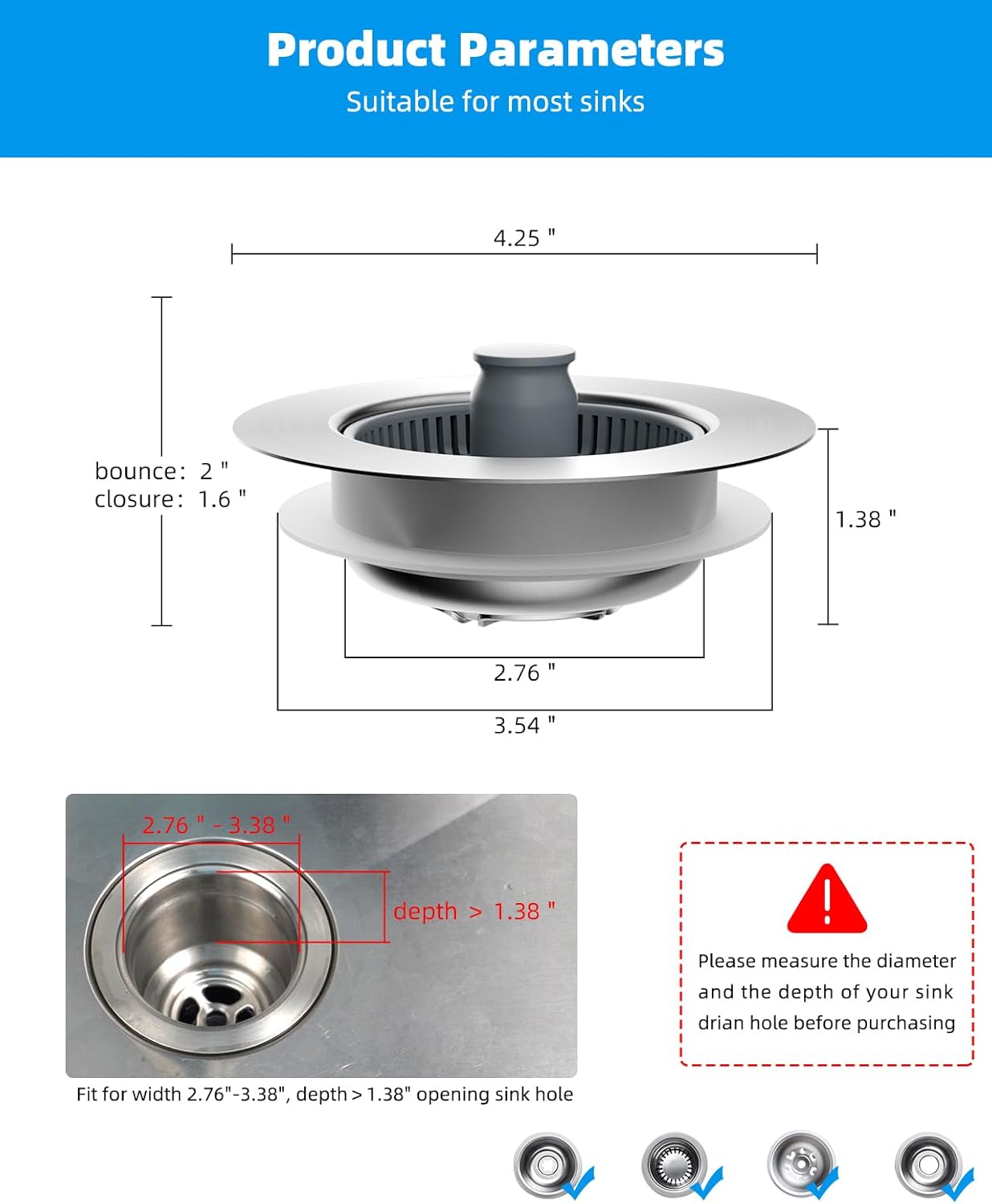 Upgraded 3 in 1 Kitchen Sink Drain Strainer and Stopper Combo, Stainless Steel Metal Pop Up Sink Stopper, Anti-Clogging Basket Strainer with Handle for US Standard 3-1/2 Inch Drain, Grey