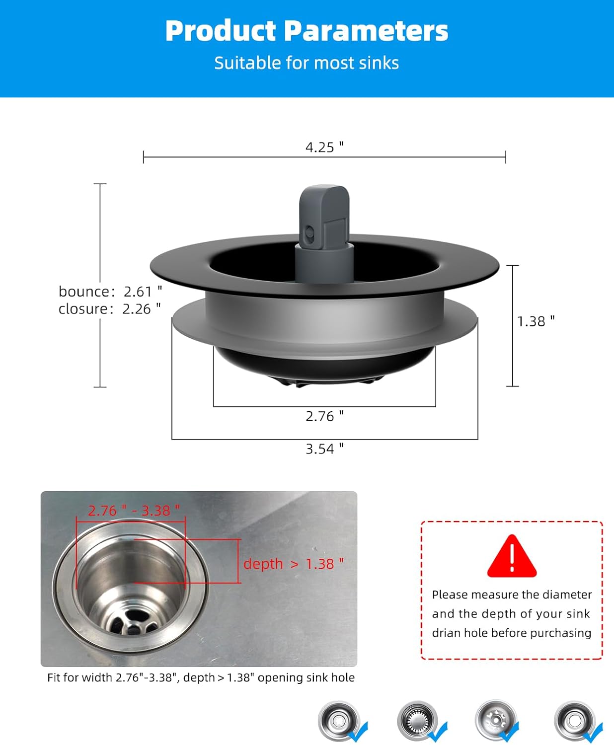 3 in 1 Kitchen Sink Drain Strainer and Stopper Combo, Stainless Steel Metal Pop Up Sink Stopper, Anti-Clogging Basket Strainer with Foldable Handle for US Standard 3-1/2" Drain, Matte Black