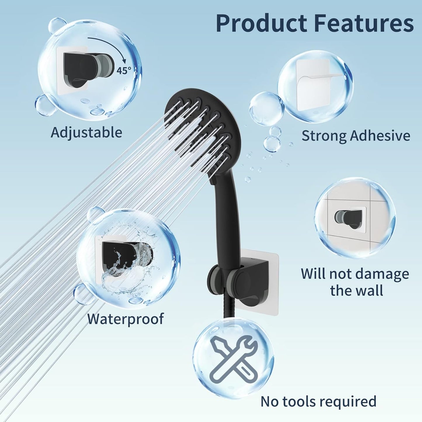 Shower Head Holder, Strong Adhesive, Waterproof, Height Adjustable, Wall Mount, No Drilling, Matte Black