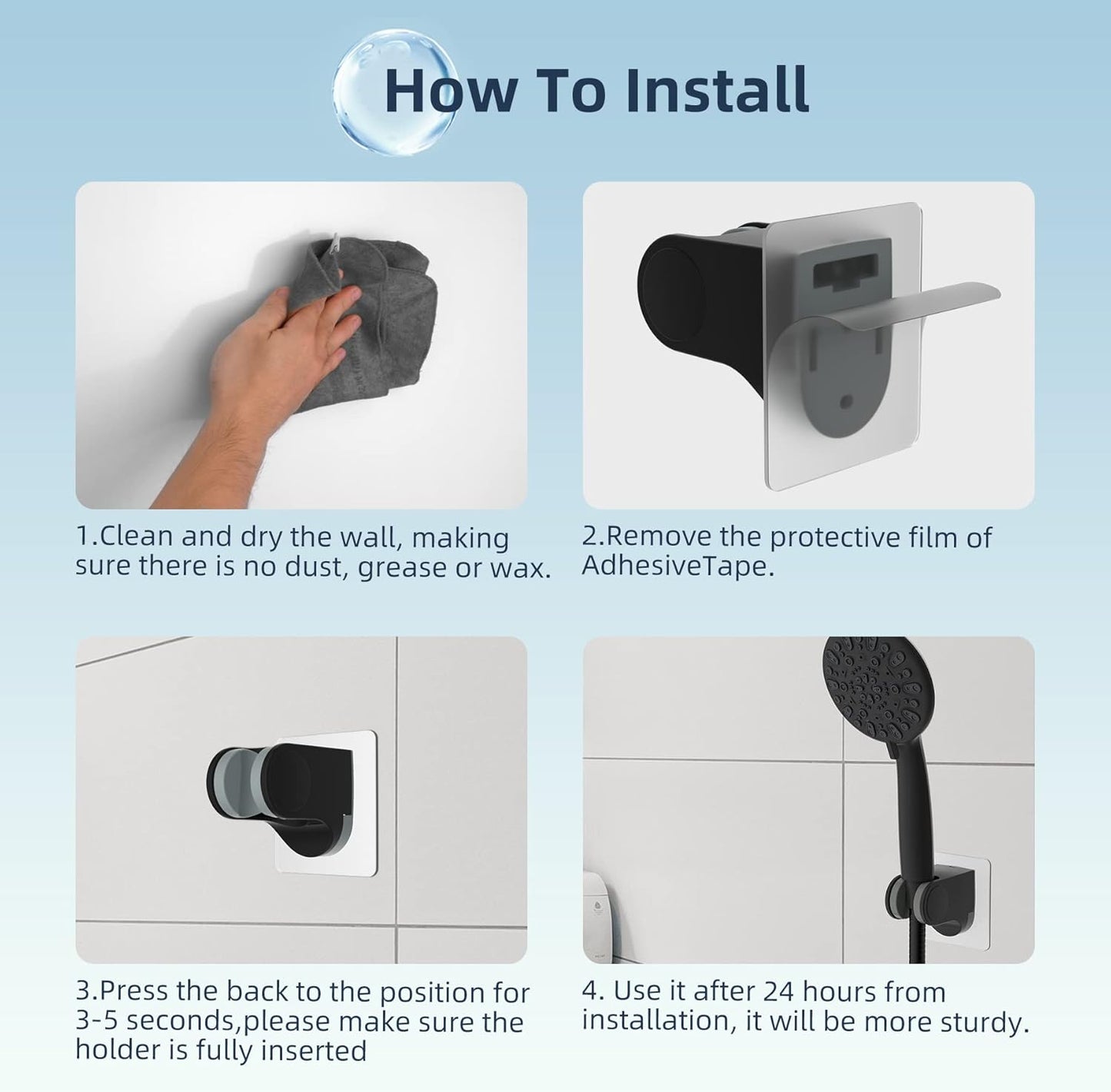Shower Head Holder, Strong Adhesive, Waterproof, Height Adjustable, Wall Mount, No Drilling, Matte Black