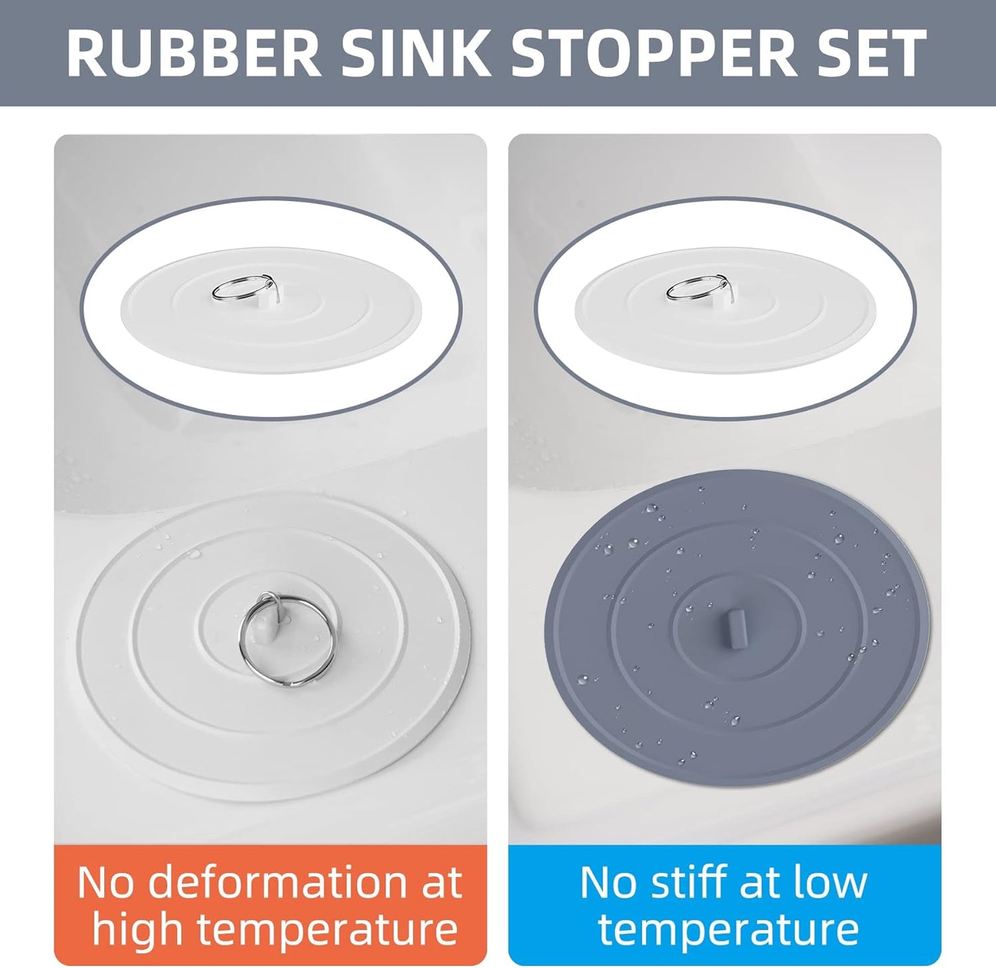2 Pack Bath Tub Stopper, Flat Suction Sink Stopper Rubber Silicone Shower Drain Bath Plug Stopper for Kitchen, Bathroom and Laundry Sink (White-Grey)