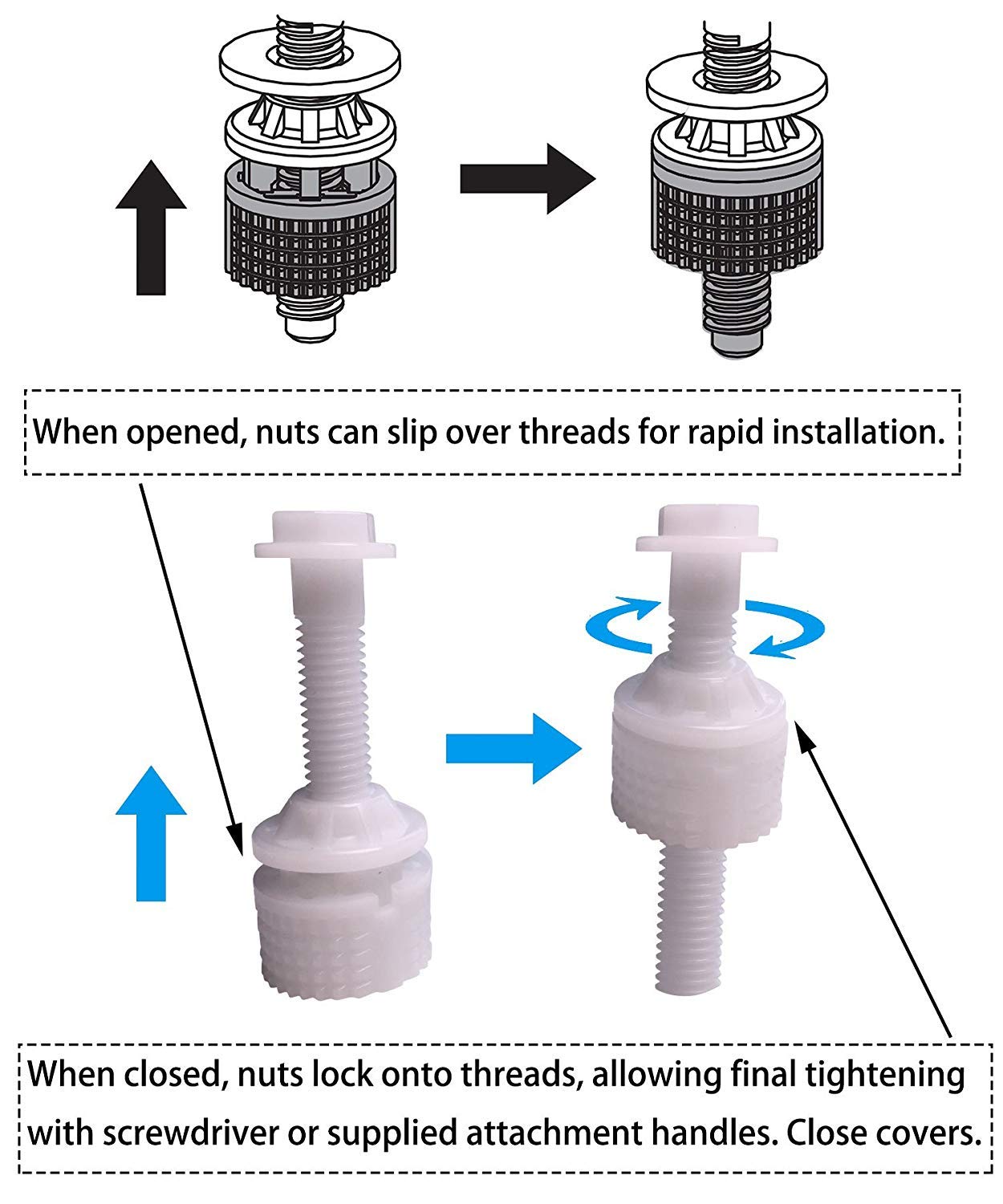 Universal Toilet Seat Hinge Bolt Screw for Top Mount Toilet Seat Hinges, Downlock Nuts can Slip Over Bolts Threads for Rapid Installation Without Screwing in-White Plastic Replacement Parts
