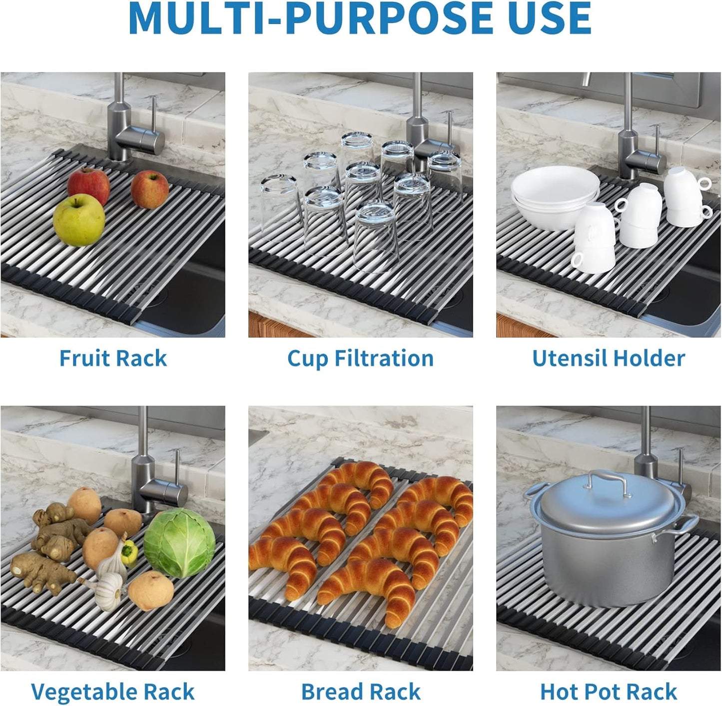 Roll Up Dish Drying Rack, Extra Large Dish Rack Over The Sink, Multipurpose Stainless Steel Rollup Sink Matt for Dishes, Portable Kitchen Accessories Dish Drainer, Foldable (20.5''x17.5'')