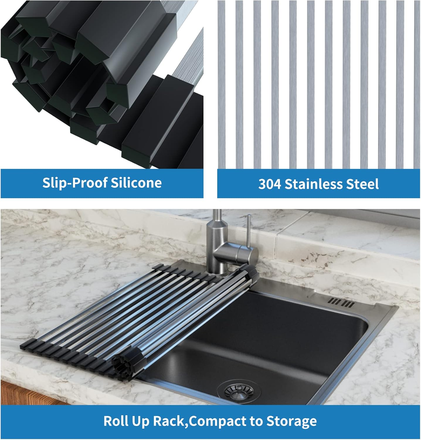 Roll Up Dish Drying Rack, Extra Large Dish Rack Over The Sink, Multipurpose Stainless Steel Rollup Sink Matt for Dishes, Portable Kitchen Accessories Dish Drainer, Foldable (20.5''x17.5'')