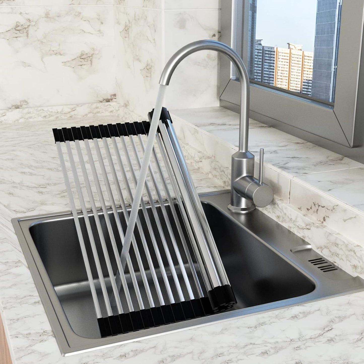 Roll Up Dish Drying Rack, Extra Large Dish Rack Over The Sink, Multipurpose Stainless Steel Rollup Sink Matt for Dishes, Portable Kitchen Accessories Dish Drainer, Foldable (20.5''x17.5'')
