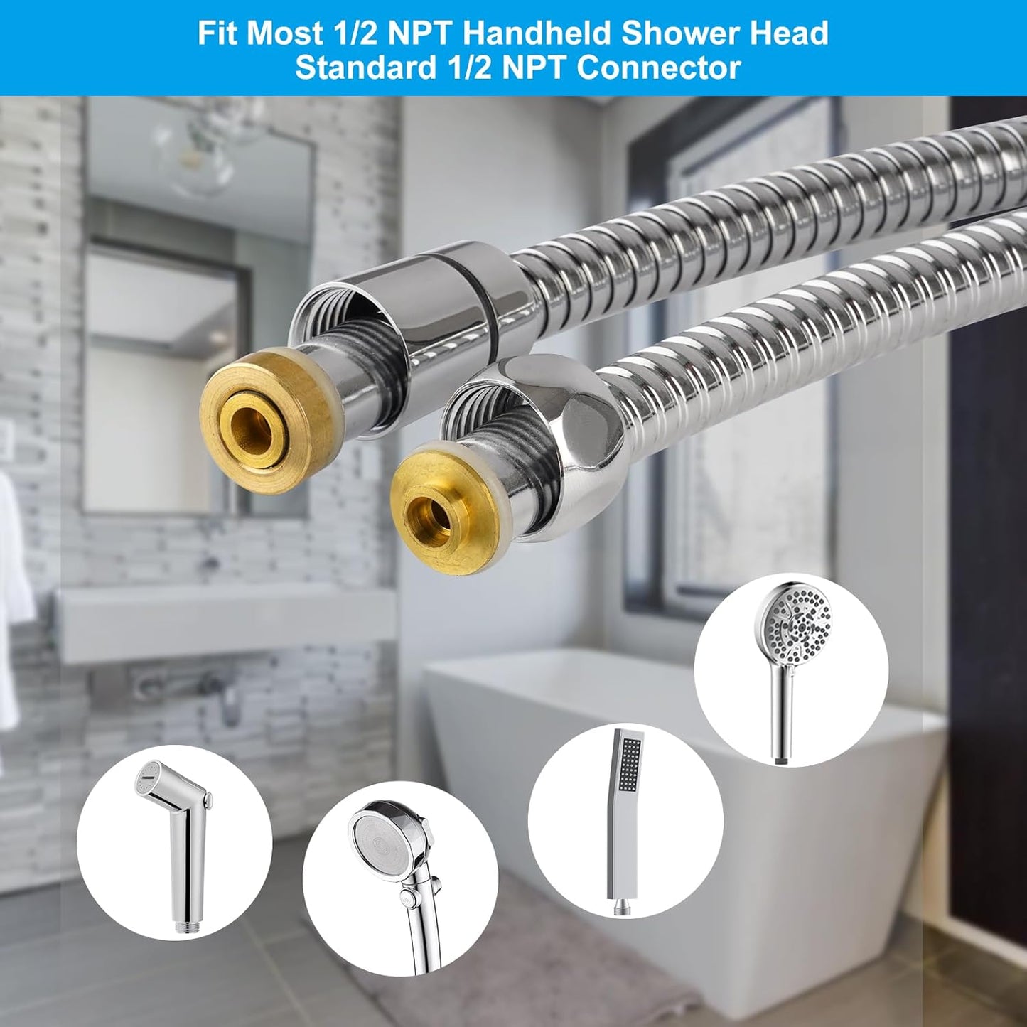 All Metal Shower Hose 90 inch (7.5 ft) Bathroom Handheld Shower Head Hose 2.3 Meters Extension Replacement Part with Brass Fittings Made of Stainless Steel -Polished Chrome Finish