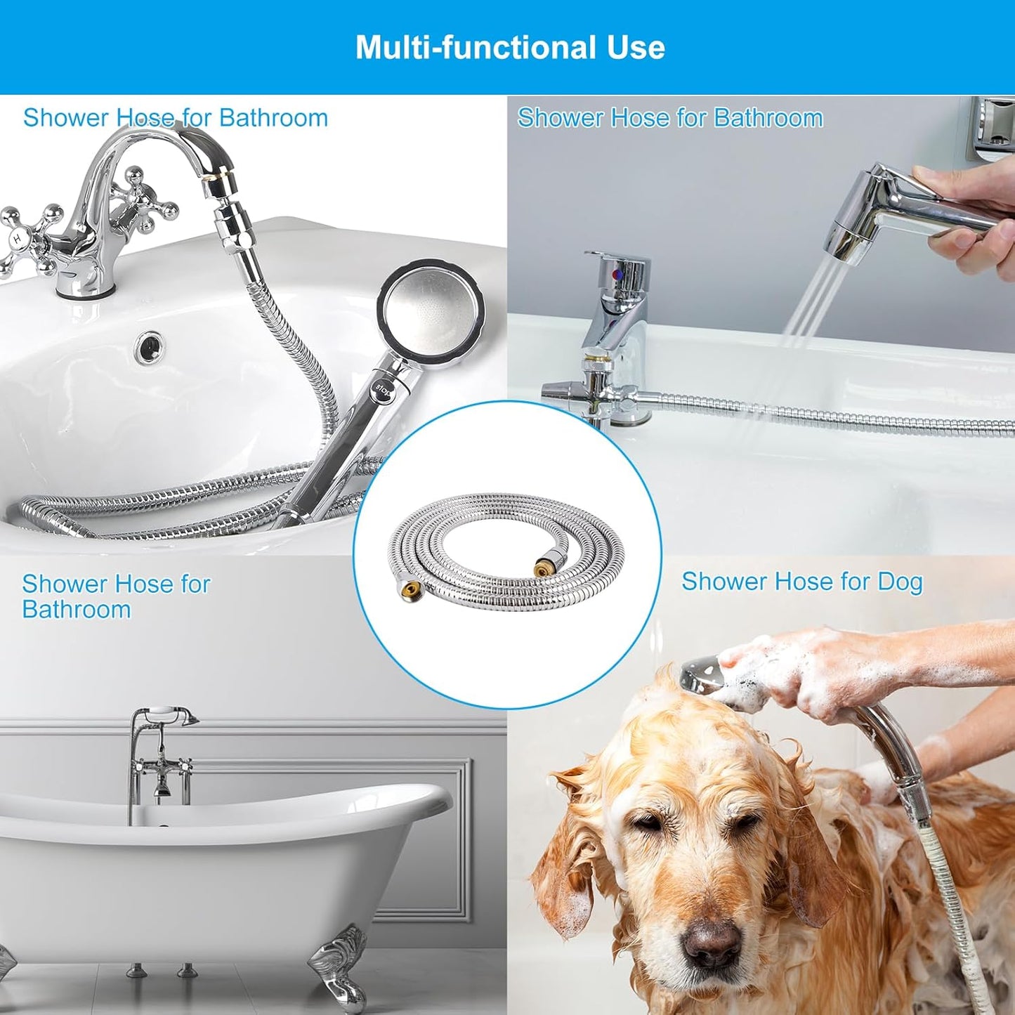 All Metal Shower Hose 90 inch (7.5 ft) Bathroom Handheld Shower Head Hose 2.3 Meters Extension Replacement Part with Brass Fittings Made of Stainless Steel -Polished Chrome Finish